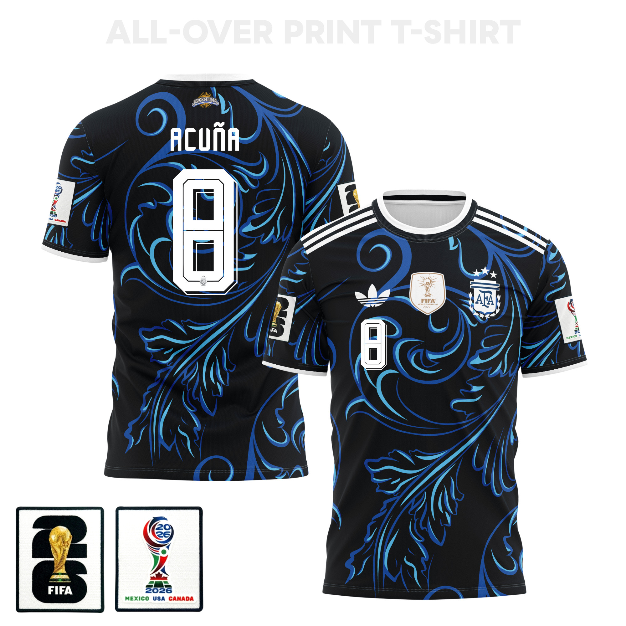 Marcos Acuña 8 Argentina 2026 Away 3D T-Shirt Fully Printed – Unisex, Black - Jersey Teams