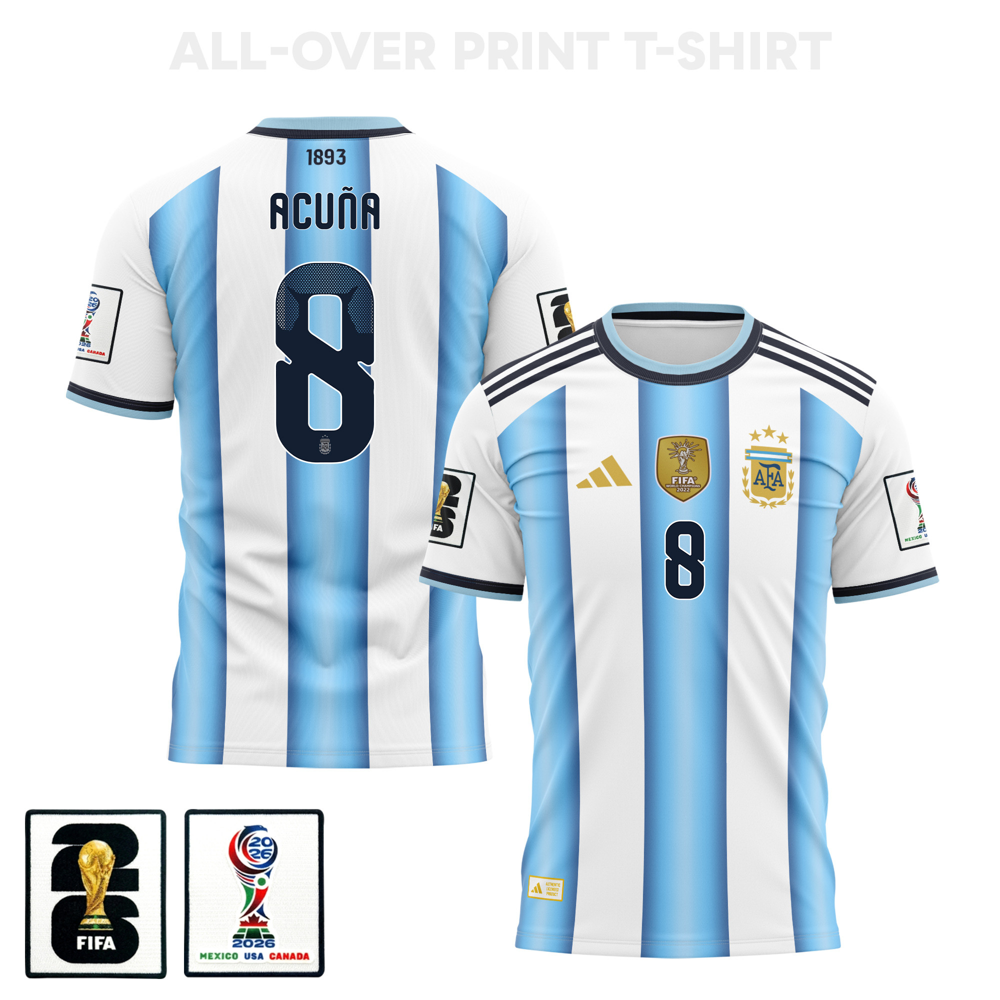 Marcos Acuña 8 Argentina 2026 Home 3D T-Shirt Fully Printed – Unisex, White - Jersey Teams