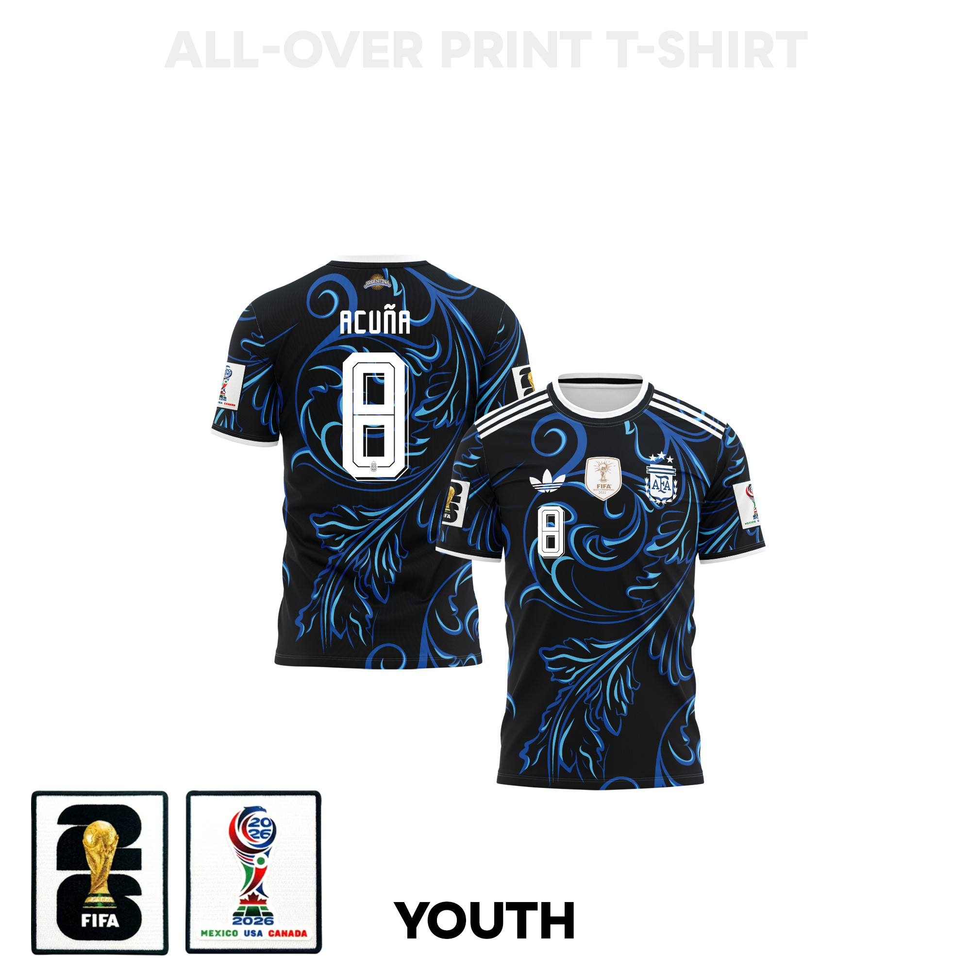 Marcos Acuña 8 Youth Argentina 2026 Away 3D T-shirt Fully Printed – Black - Jersey Teams