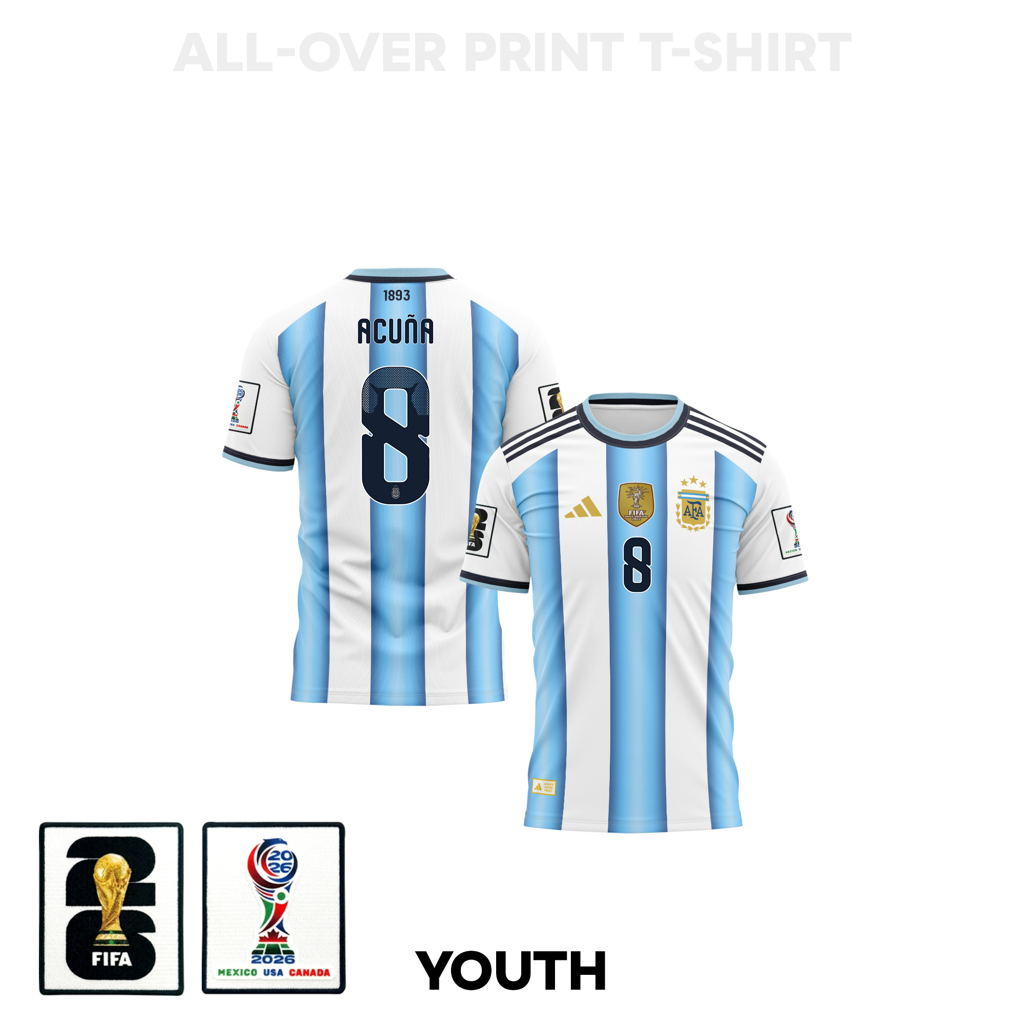Marcos Acuña 8 Youth Argentina 2026 Home 3D T-shirt Fully Printed – White - Jersey Teams