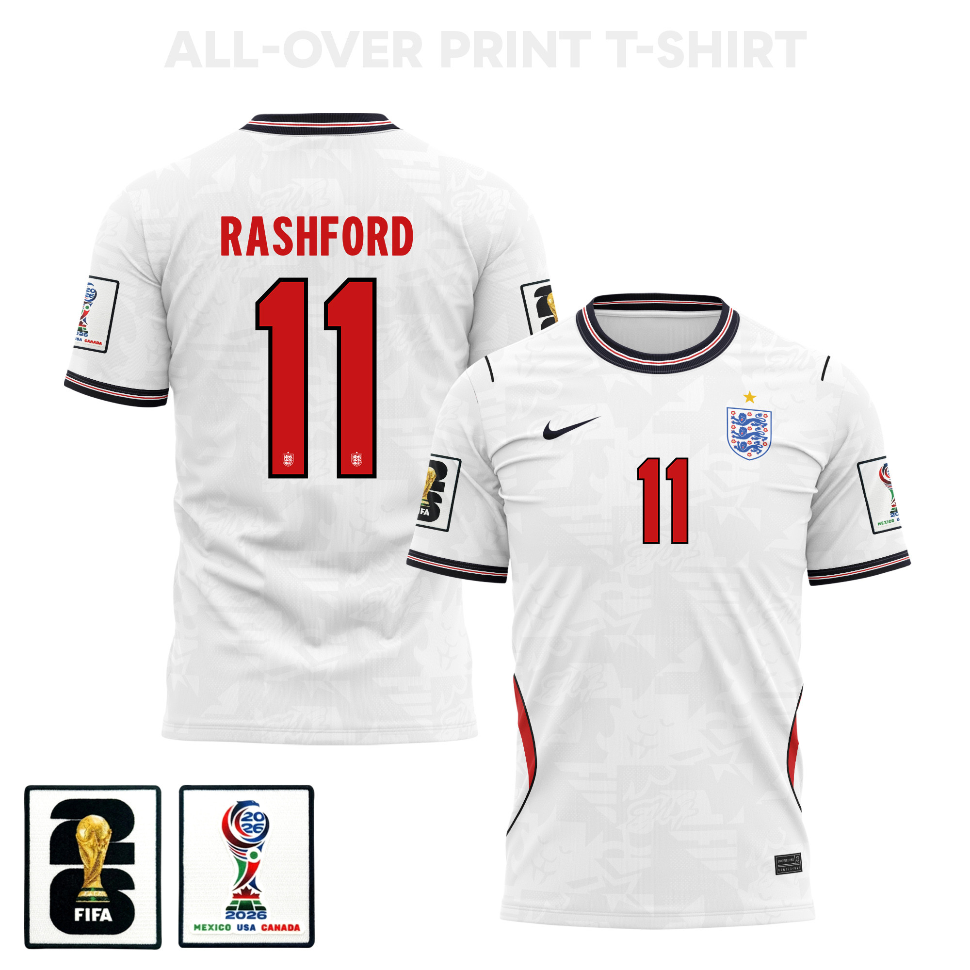 Marcus Rashford 11 England 2026 Home 3D T-Shirt Fully Printed – Unisex, White - Jersey Teams