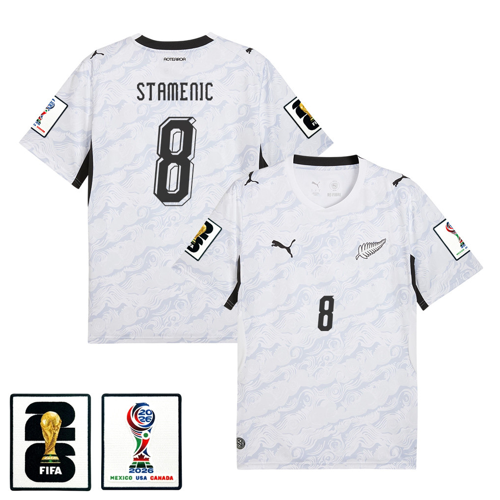 Marko Stamenic 8 New Zealand National Team 2026 Away Jersey - White, Men - Jersey Teams