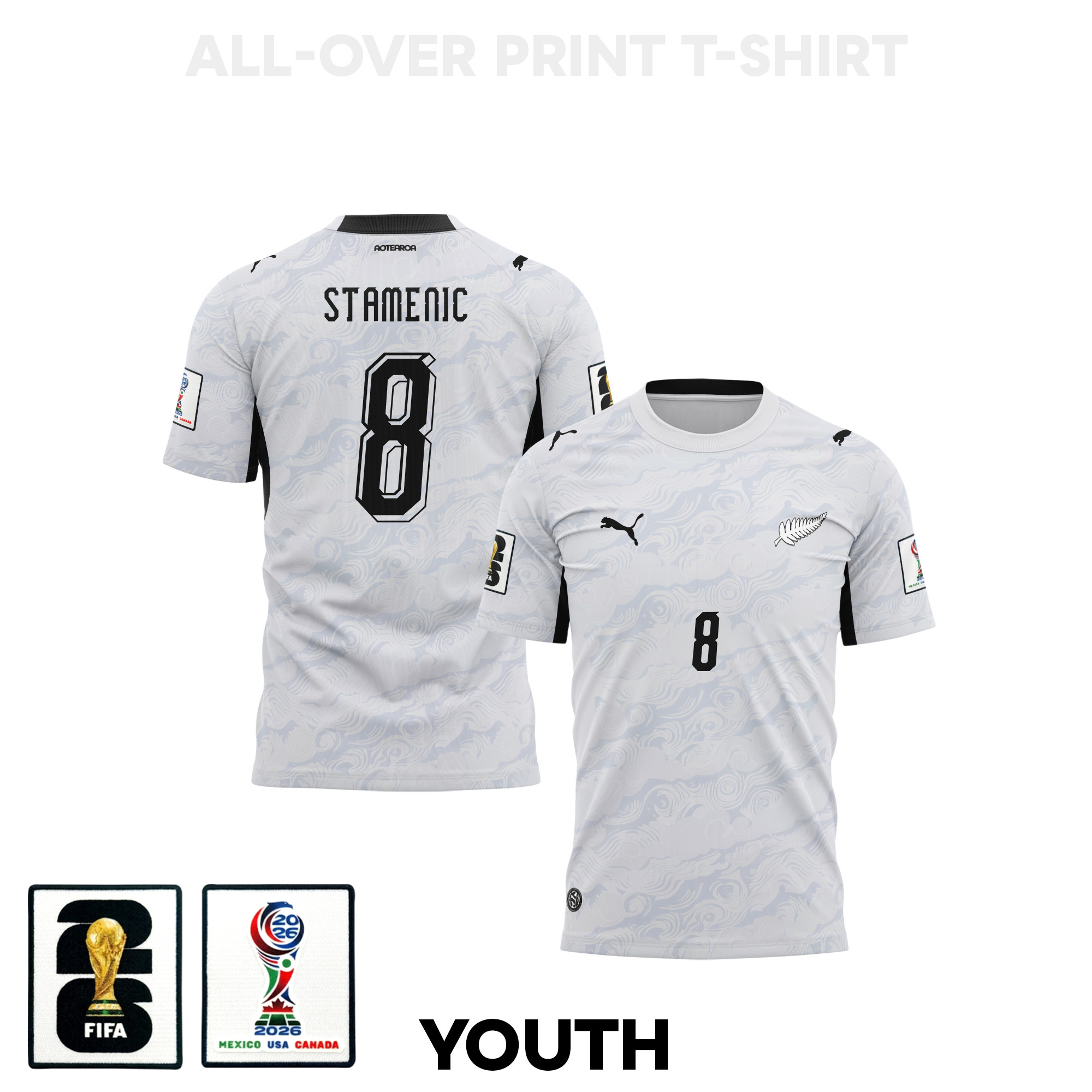 Marko Stamenic 8 Youth New Zealand 2026 Away 3D T-shirt Fully Printed – White – Jersey Teams