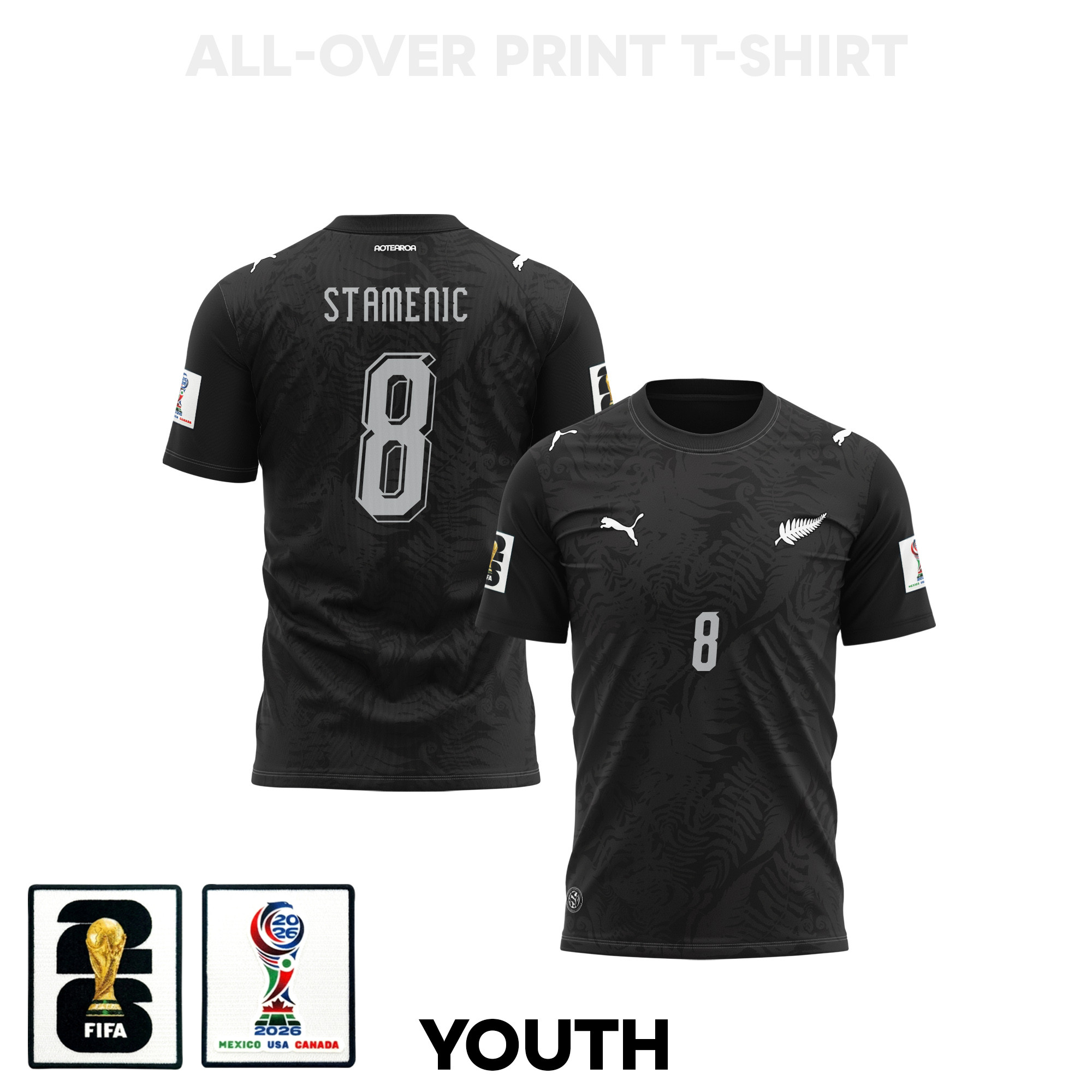 Marko Stamenic 8 Youth New Zealand 2026 Home 3D T-shirt Fully Printed – Black – Jersey Teams