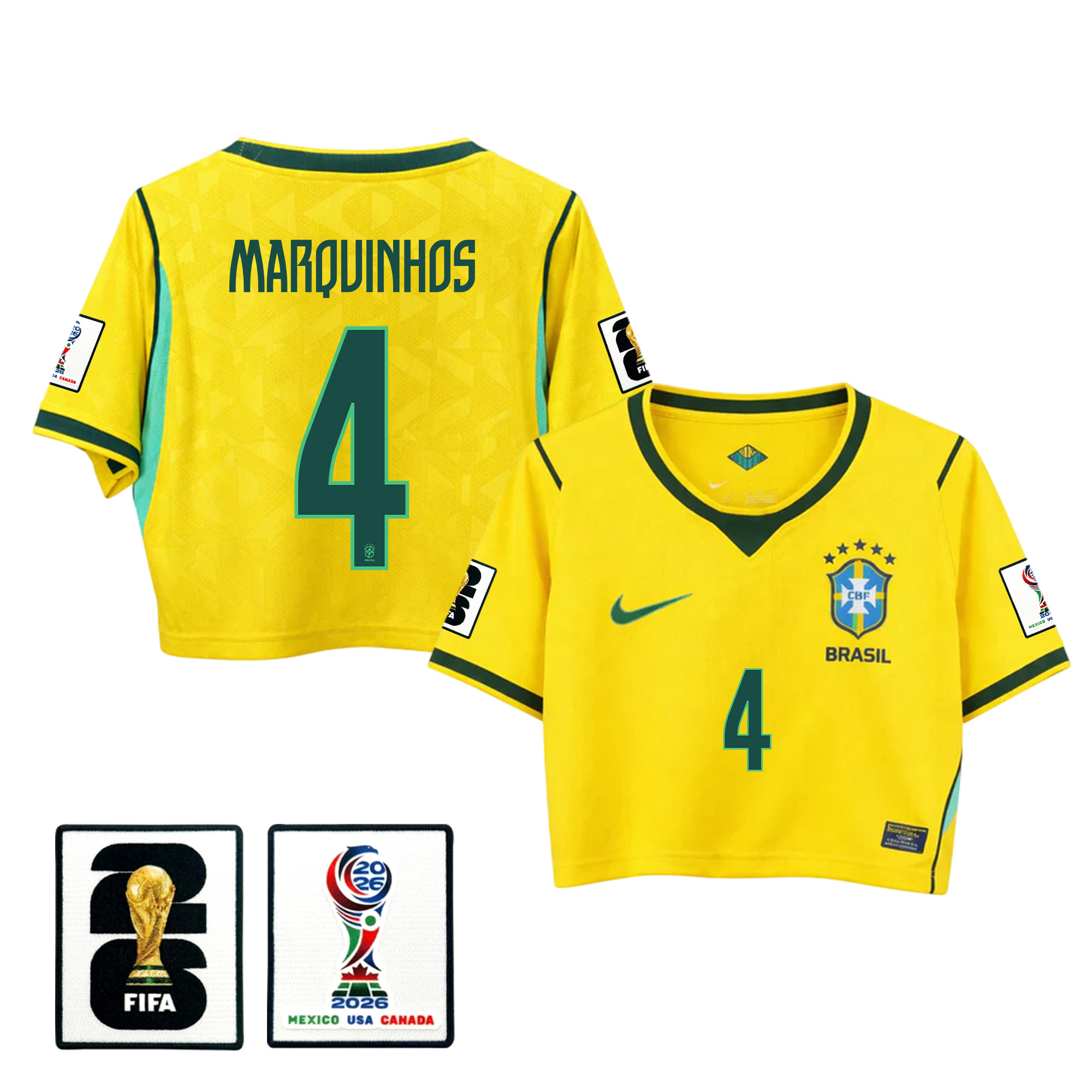 Marquinhos 4 Brazil 2026 Home Women’s Cropped Jersey – Yellow – Jersey Teams