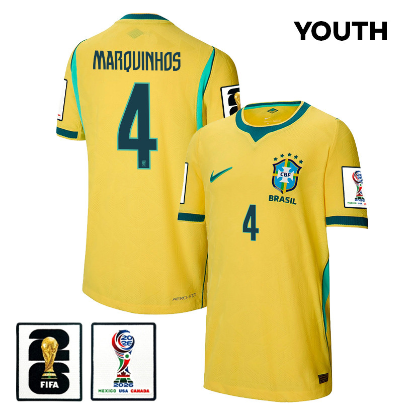 Marquinhos 4 Youth Brazil National Team 2026 Home Jersey – Yellow – Jersey Teams
