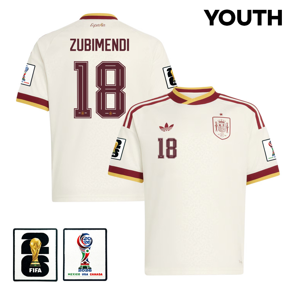 Martin Zubimendi 18 Spain National Team 2026 Youth Away Jersey – White – Jersey Teams