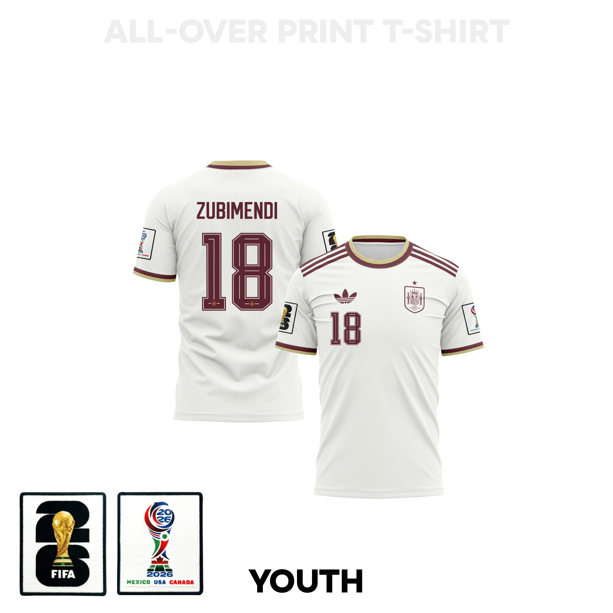 Martin Zubimendi 18 Youth Spain 2026 Away 3D T-shirt Fully Printed – White – Jersey Teams