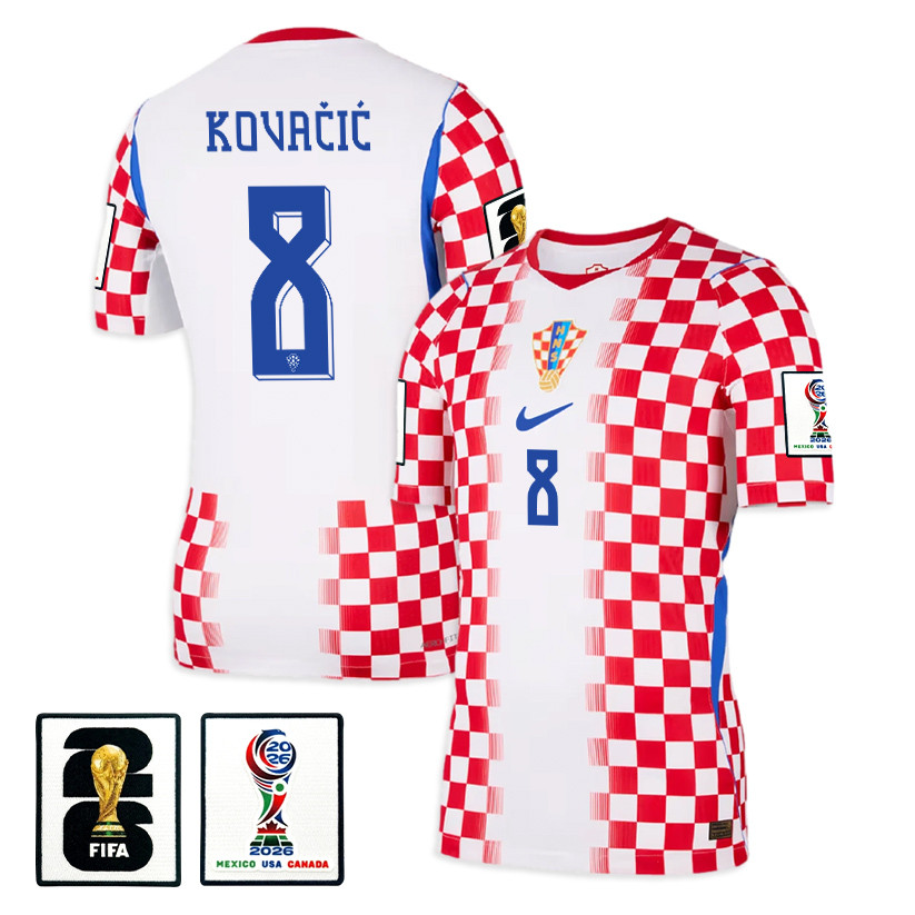 Mateo Kovačić 8 Croatia National Team 2026 x World Cup Patch Home Jersey - Men, White/ Red - Jersey Teams