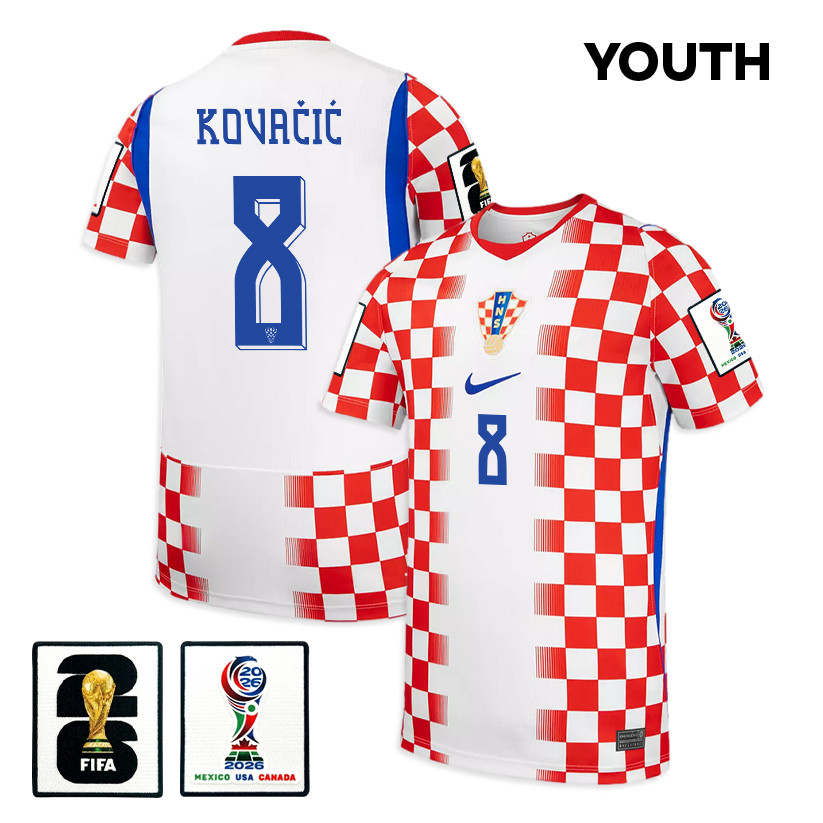 Mateo Kovačić 8 Youth Croatia National Team 2026 Home Jersey - White/ Red - Jersey Teams