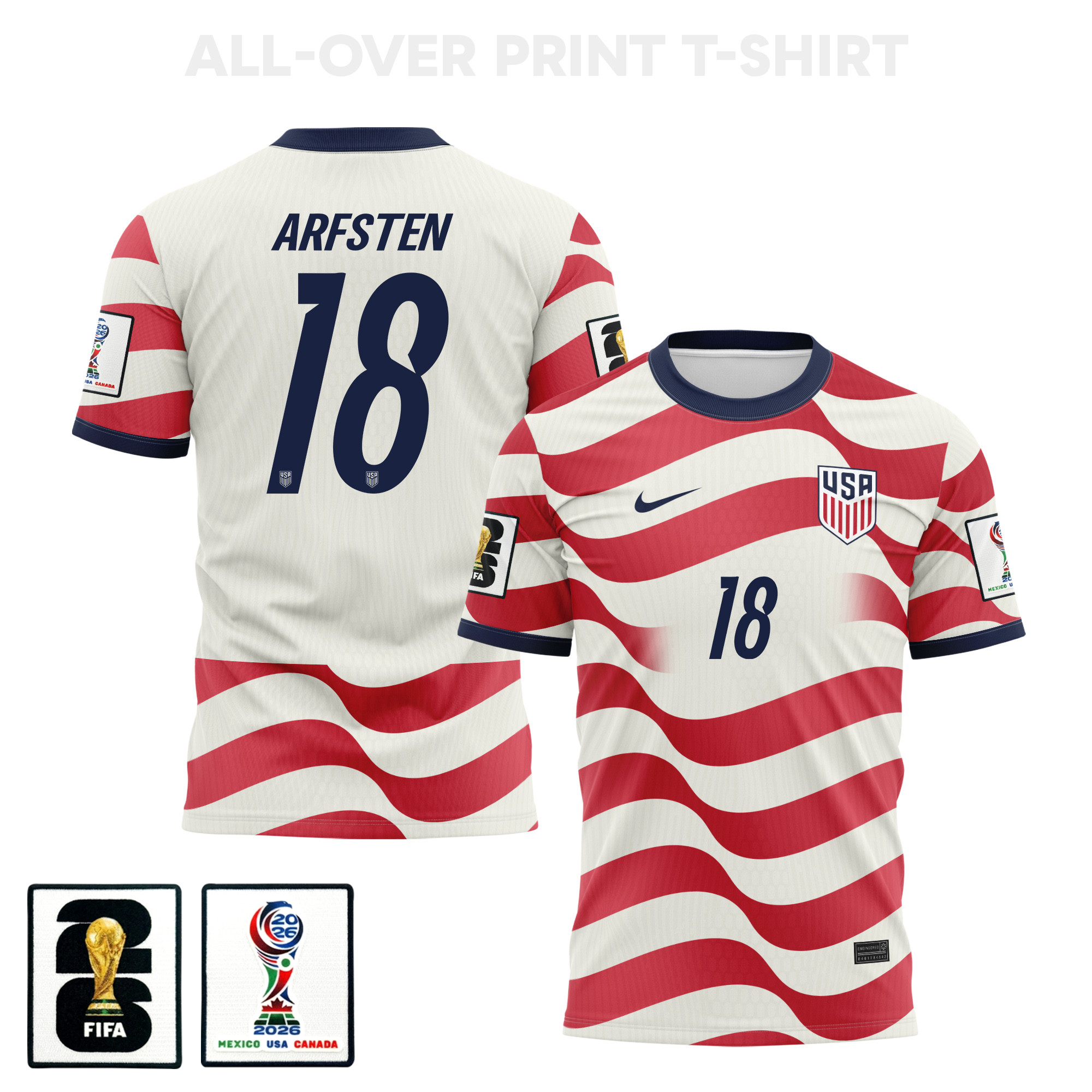 Max Arfsten 18 USMNT 2026 Home 3D T-Shirt Fully Printed – Unisex, White/Red - Jersey Teams