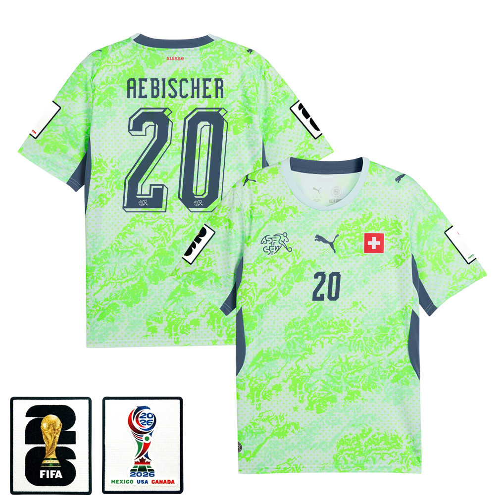 Michel Aebischer 20 Switzerland National Team 2026 x World Cup Patch Away Jersey - Men, Green - Jersey Teams