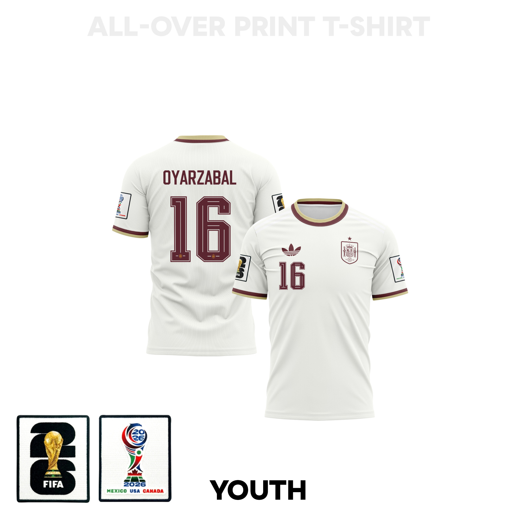Mikel Oyarzabal 16 Youth Spain 2026 Away 3D T-shirt Fully Printed – White – Jersey Teams