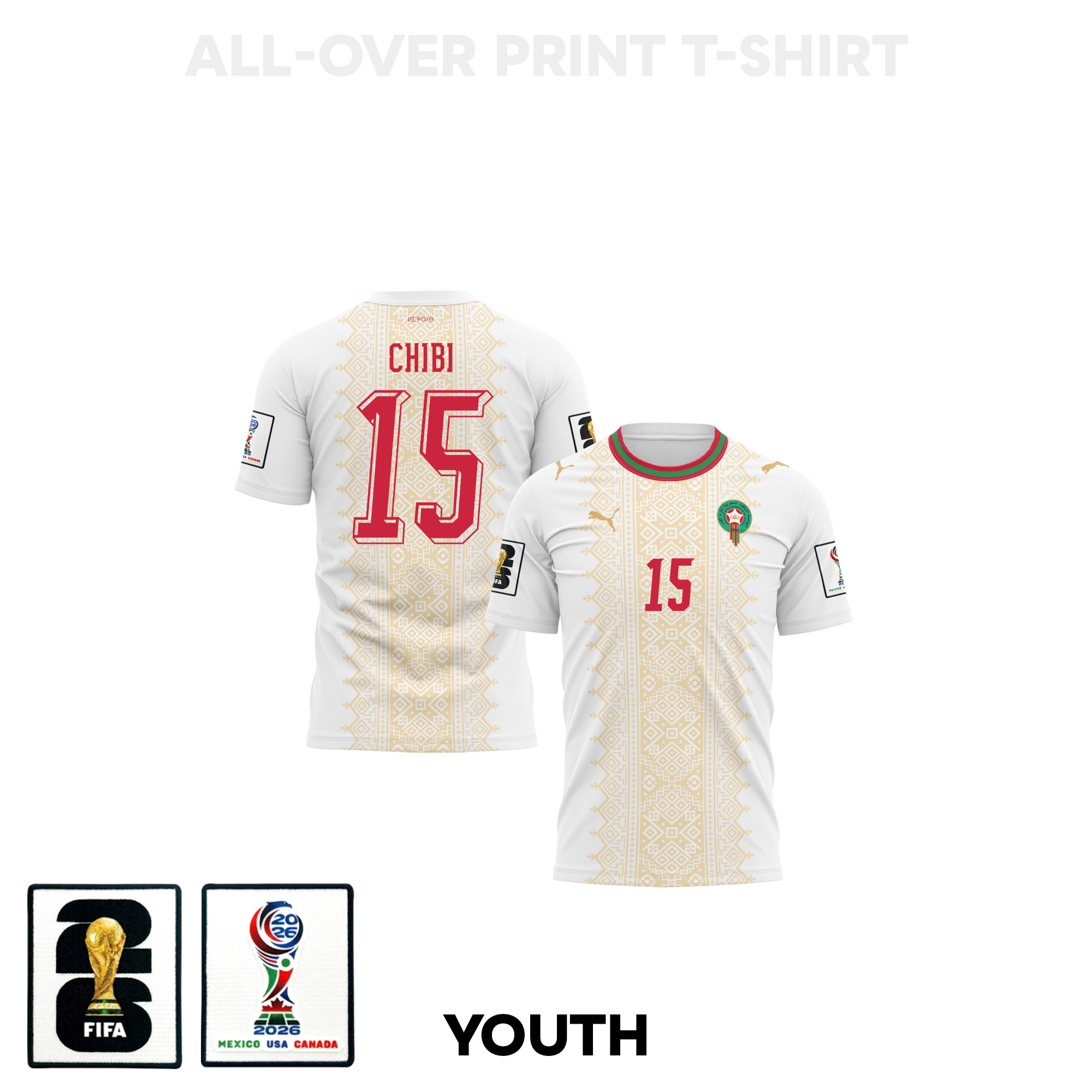 Mohamed Chibi 15 Youth Morocco 2026 Away 3D T-shirt Fully Printed – White – Jersey Teams