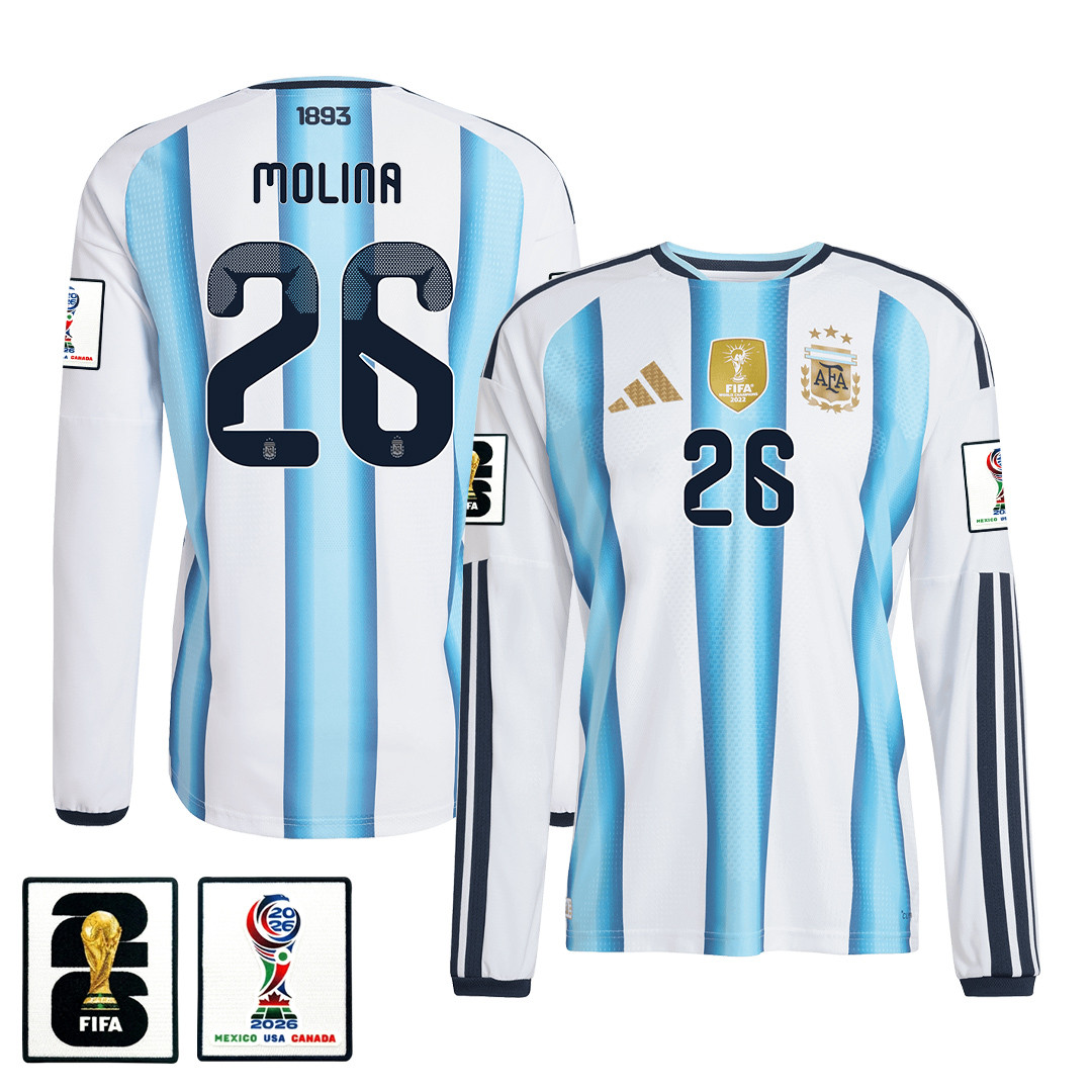 Nahuel Molina 26 Argentina 2026 Home Long Sleeve Jersey - White - Jersey Teams