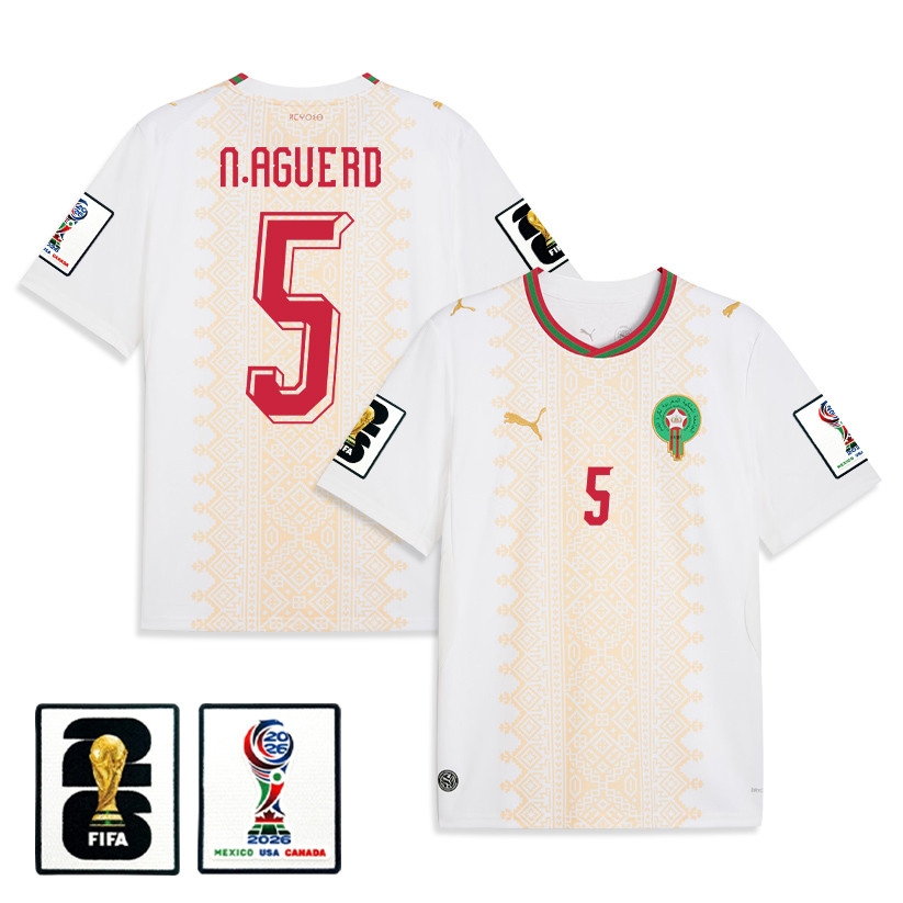 Nayef Aguerd 5 Morocco National Team 2026 Away Jersey - White, Men - Jersey Teams