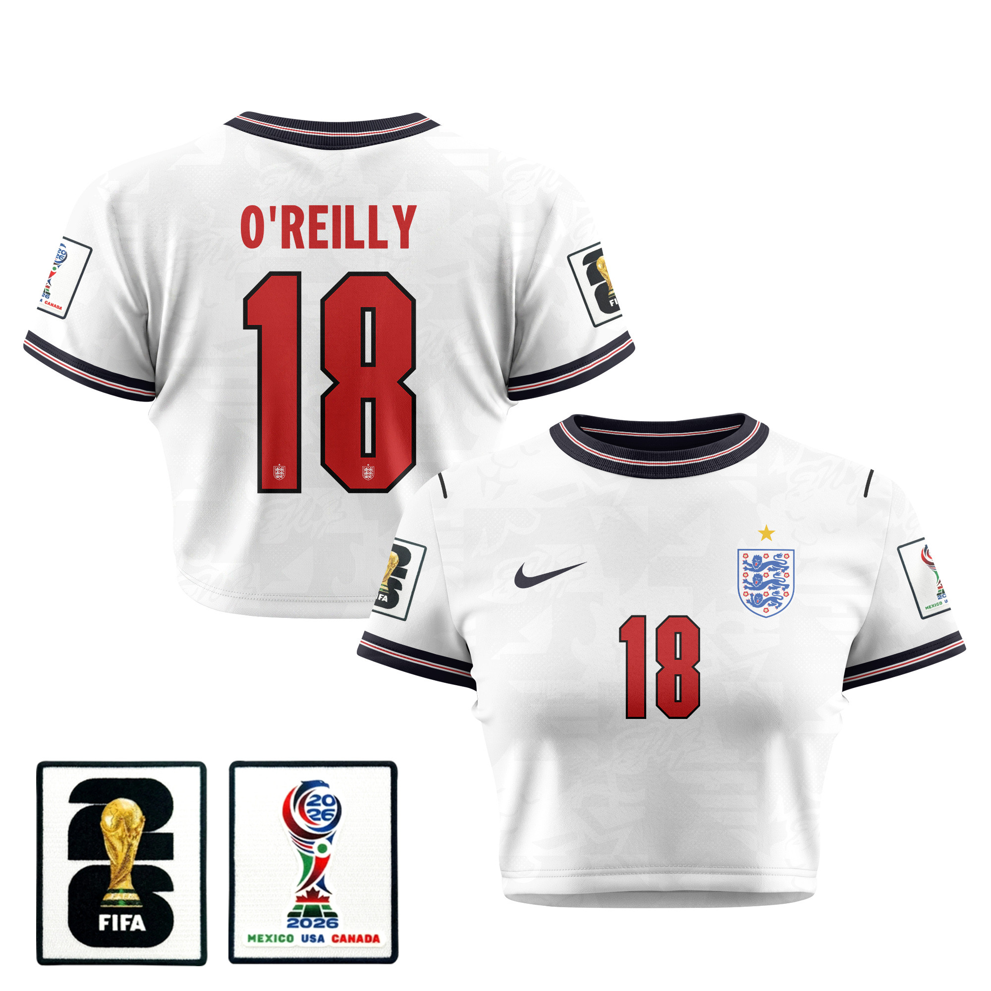 Nico O'Reilly 18 England 2026 Women's Home All-Over Print Cropped Jersey - White - Jersey Teams