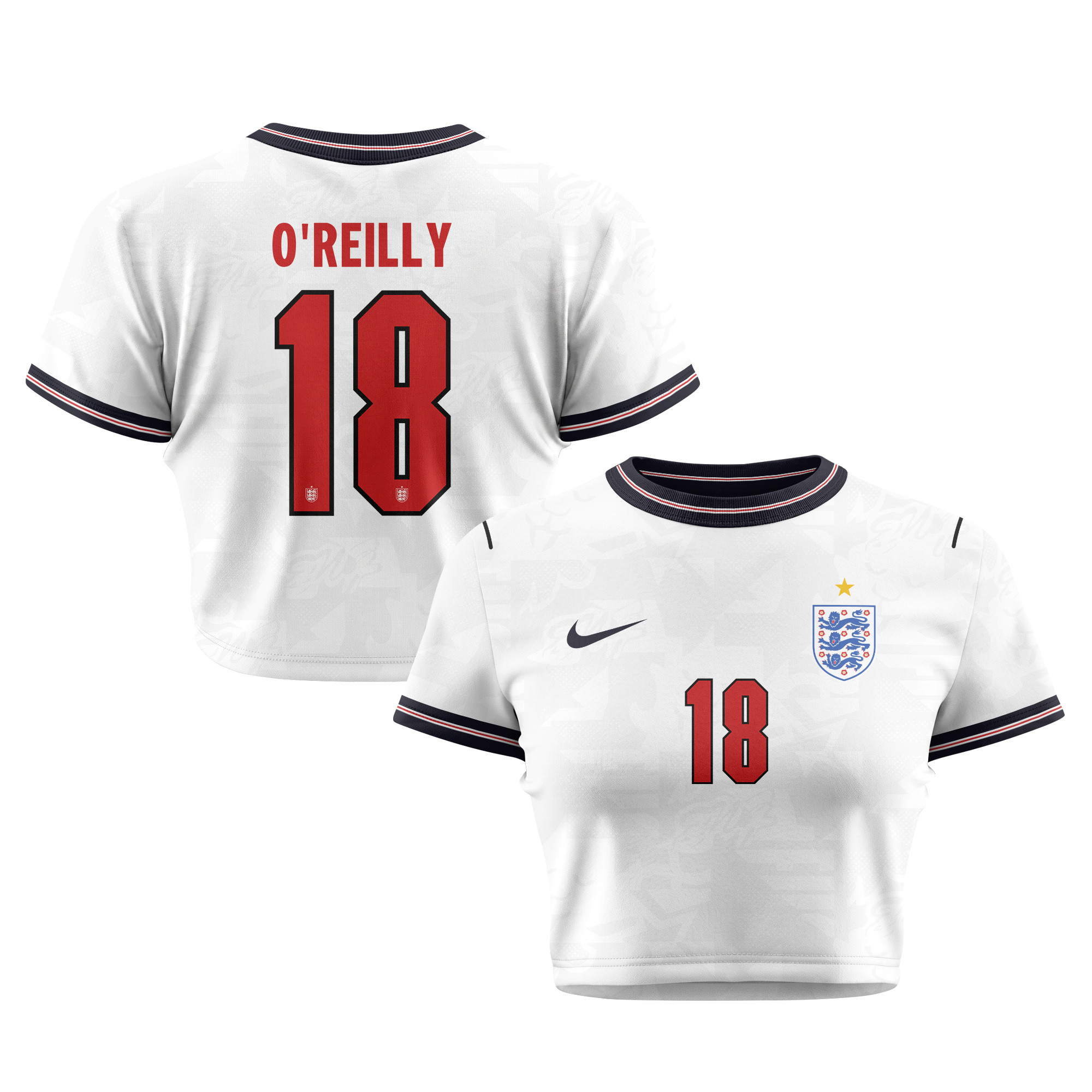 Nico O'Reilly 18 England 2026 Women's Home All-Over Print Cropped Jersey - White - Jersey Teams