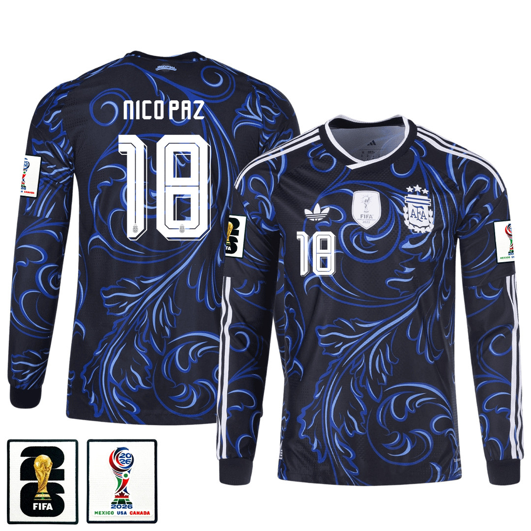 Nico Paz 18 Argentina 2026 Away Long Sleeve Jersey - Black - Jersey Teams