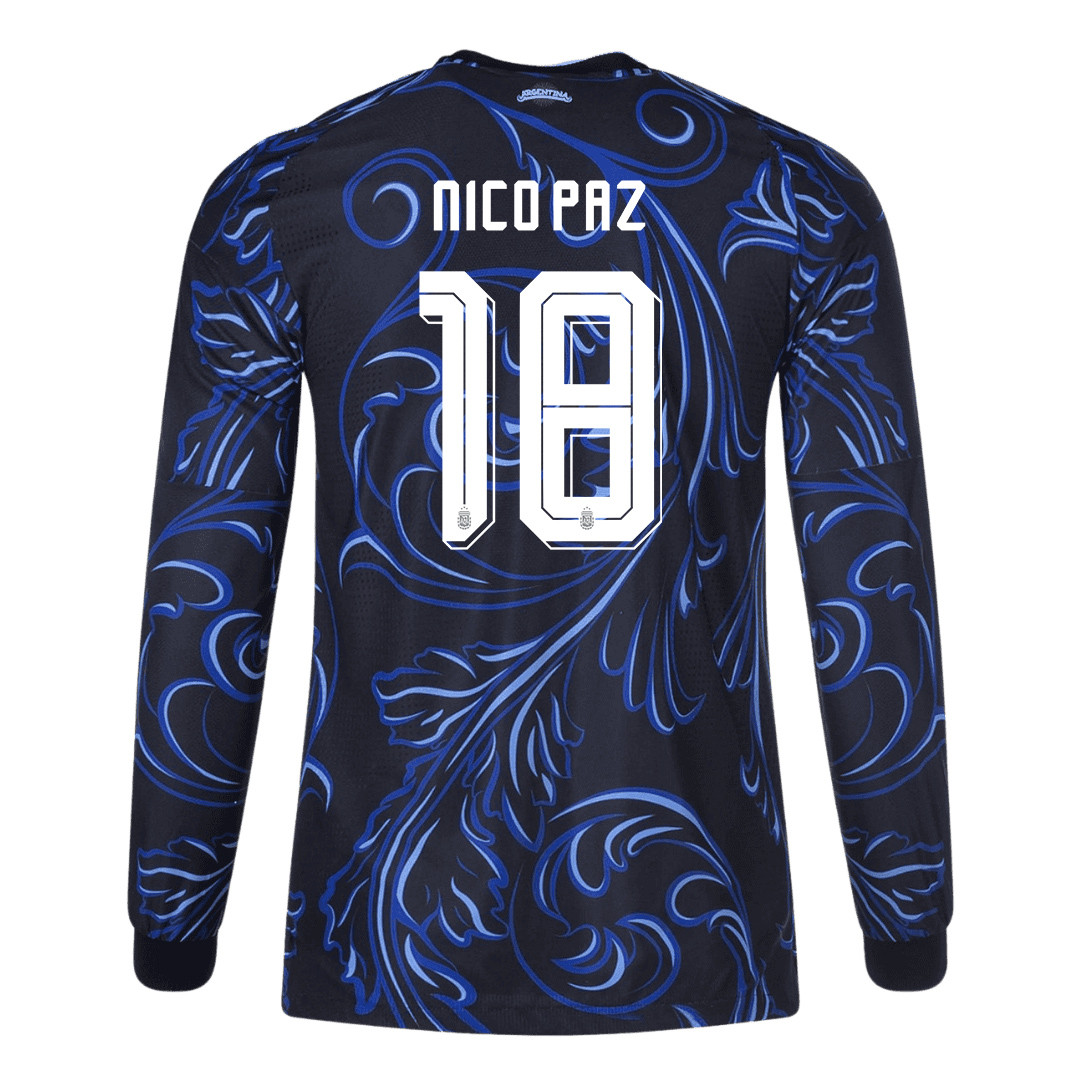 Nico Paz 18 Argentina 2026 Away Long Sleeve Jersey - Black - Jersey Teams