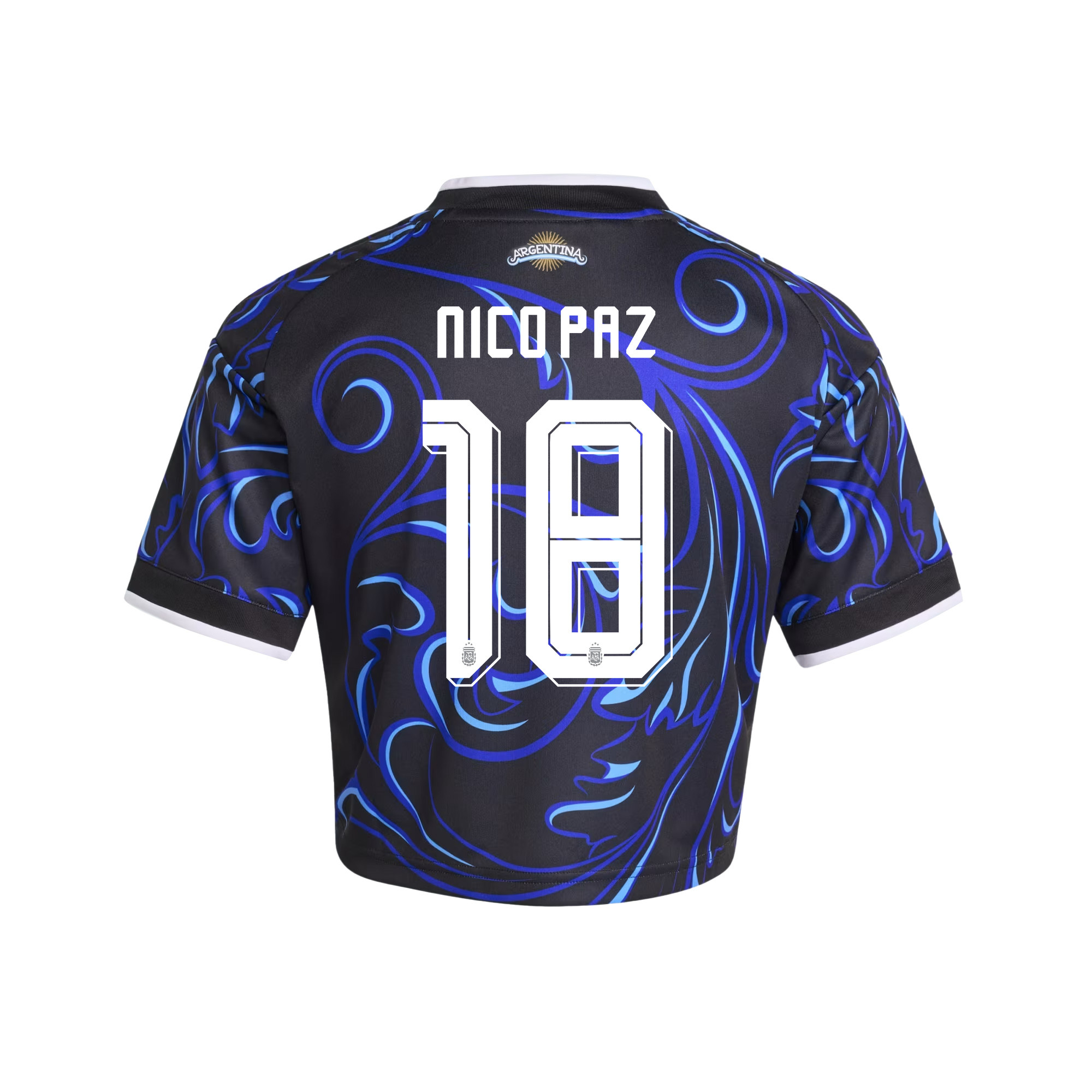 Nico Paz 18 Argentina 2026 Away Women’s Cropped Jersey - Black - Jersey Teams