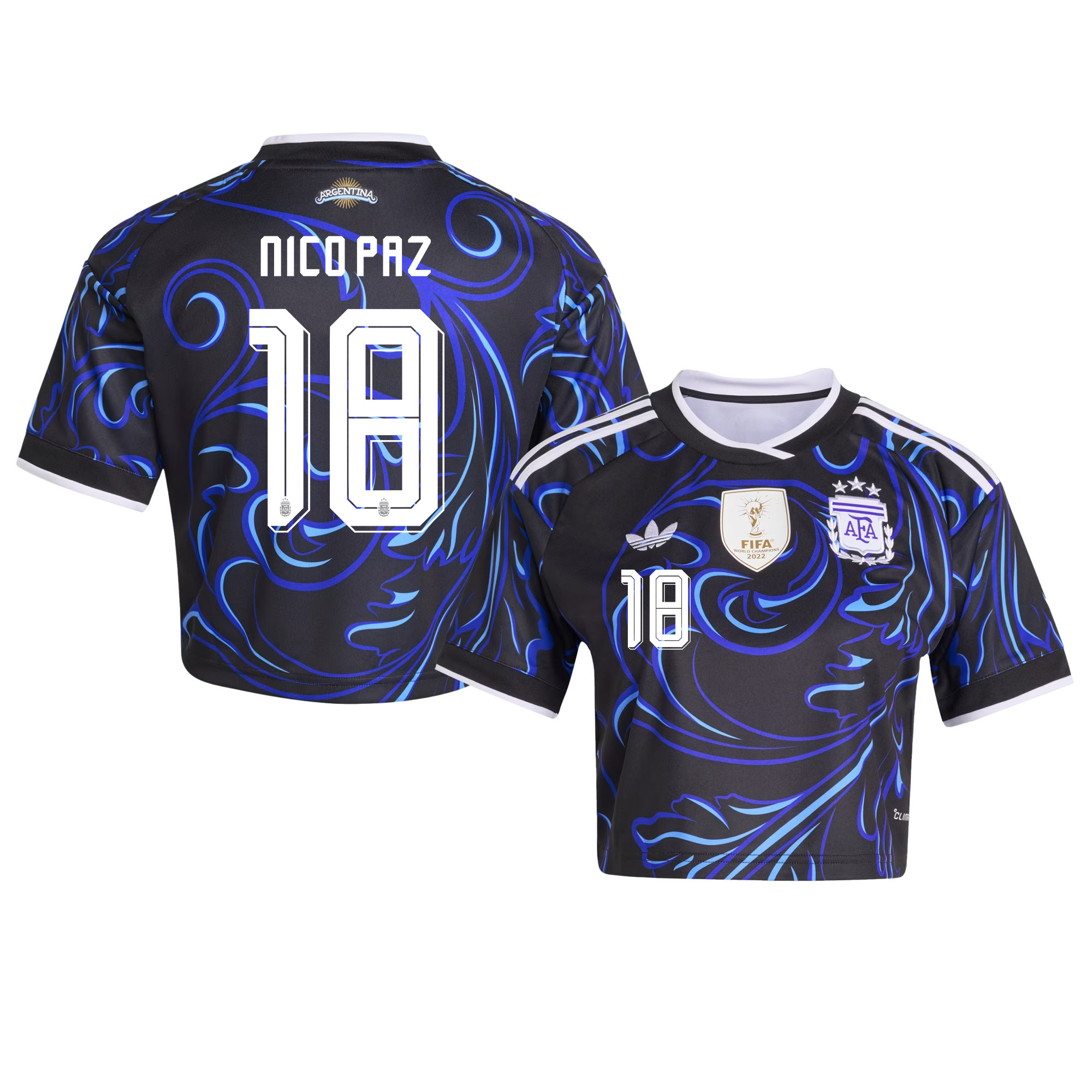 Nico Paz 18 Argentina 2026 Away Women’s Cropped Jersey - Black - Jersey Teams