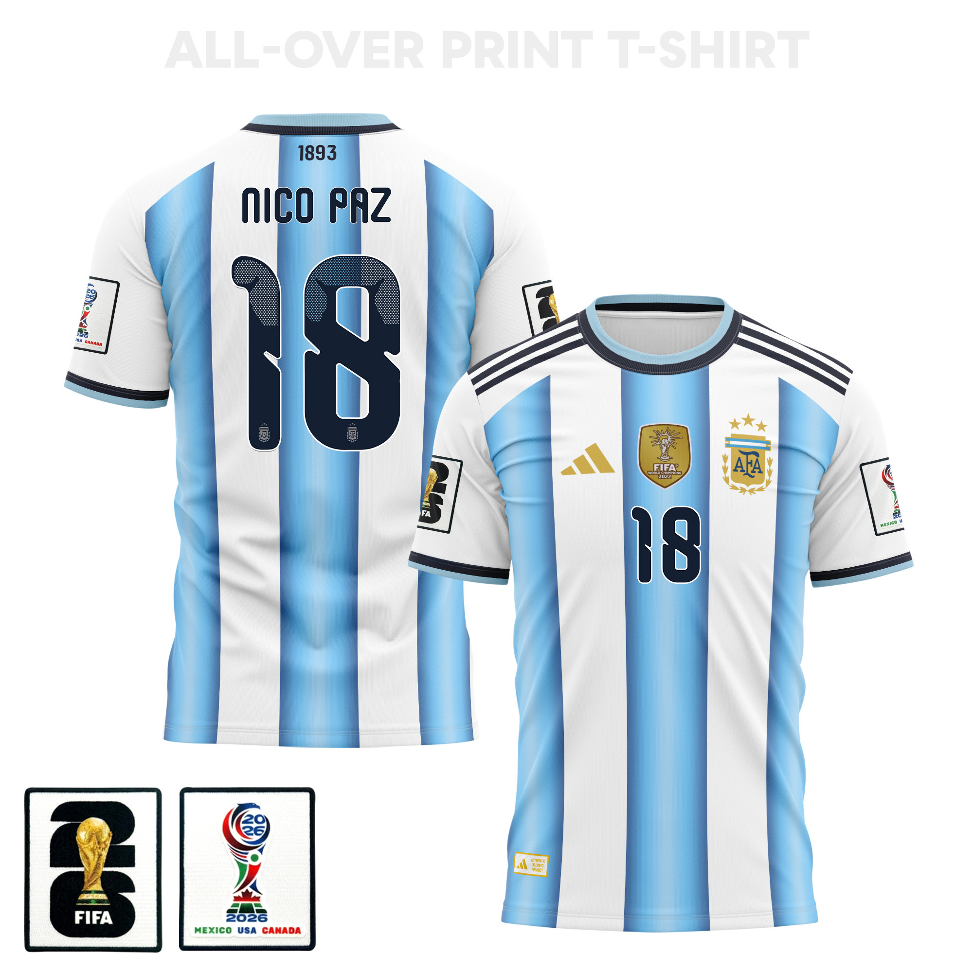 Nico Paz 18 Argentina 2026 Home 3D T-Shirt Fully Printed – Unisex, White - Jersey Teams
