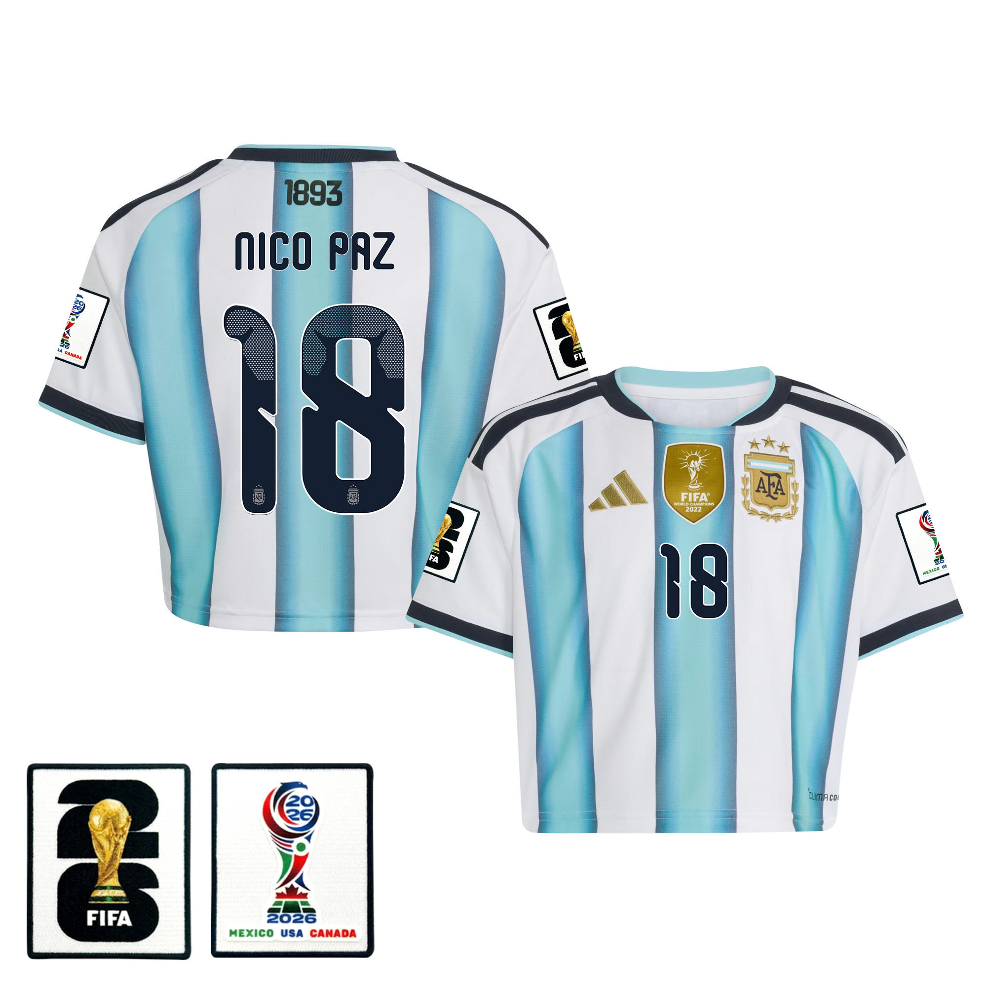 Nico Paz 18 Argentina 2026 Home Women’s Cropped Jersey – White – Jersey Teams