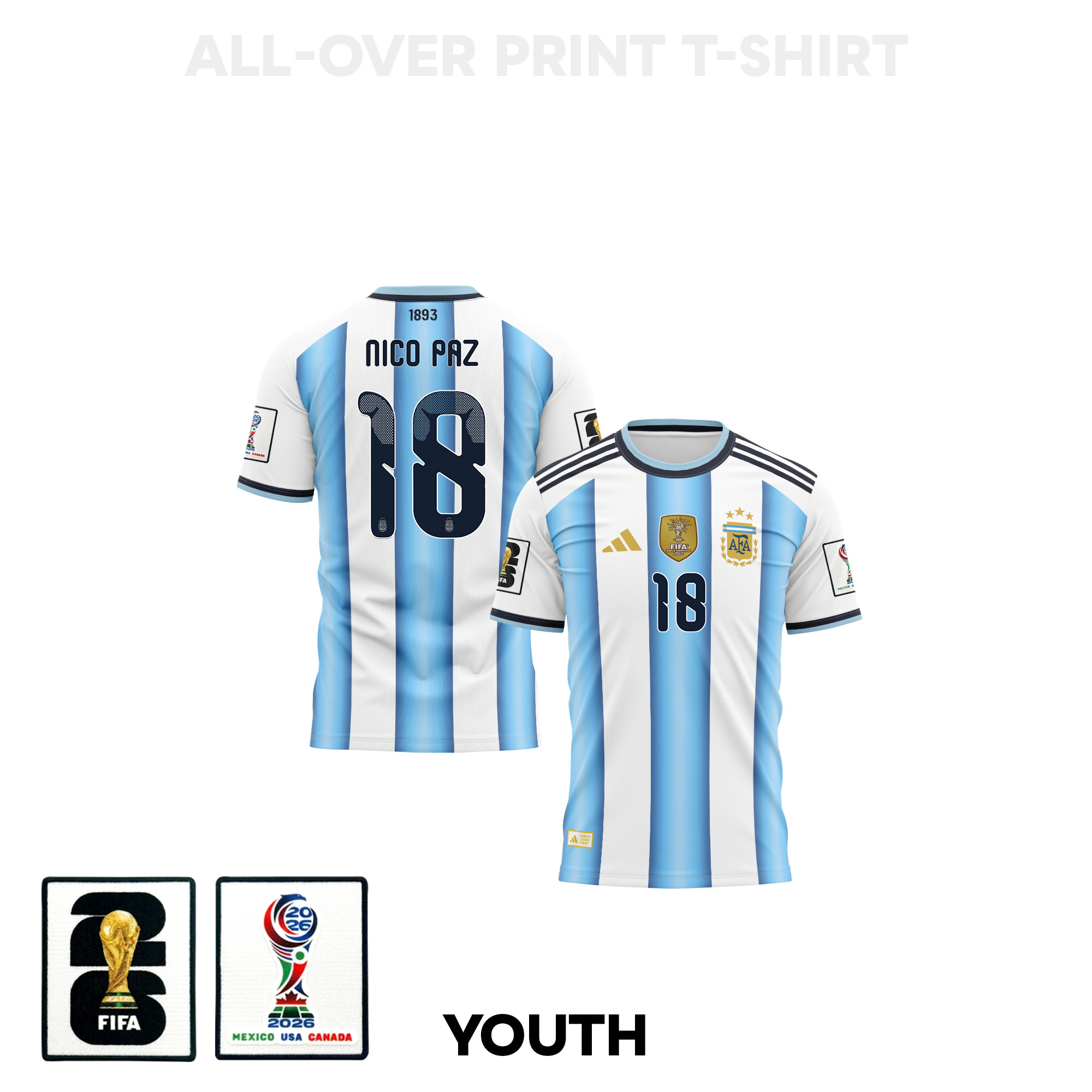Nico Paz 18 Youth Argentina 2026 Home 3D T-shirt Fully Printed – White – Jersey Teams