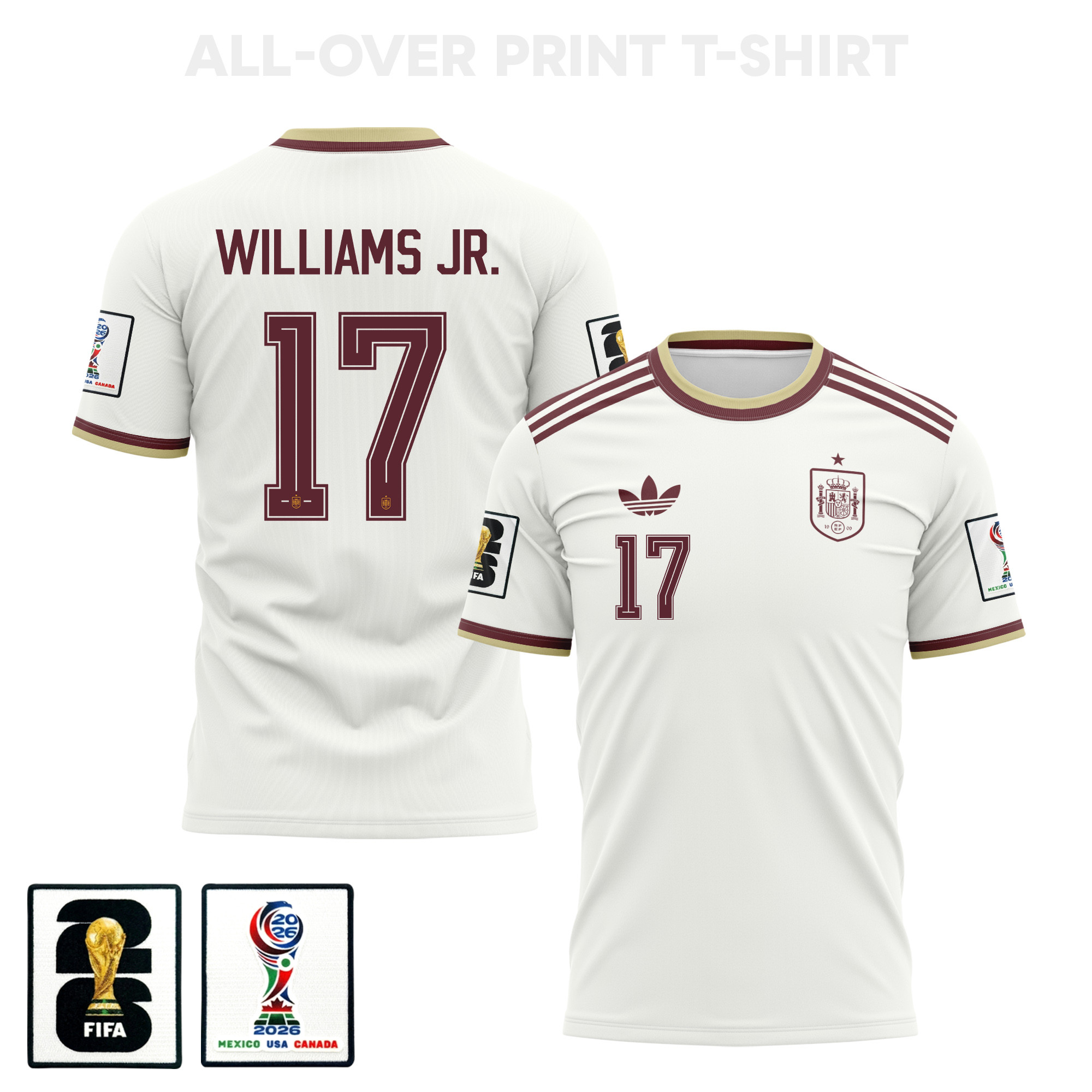 Nico Williams 17 Spain 2026 Away 3D T-Shirt Fully Printed – Unisex, White – Jersey Teams