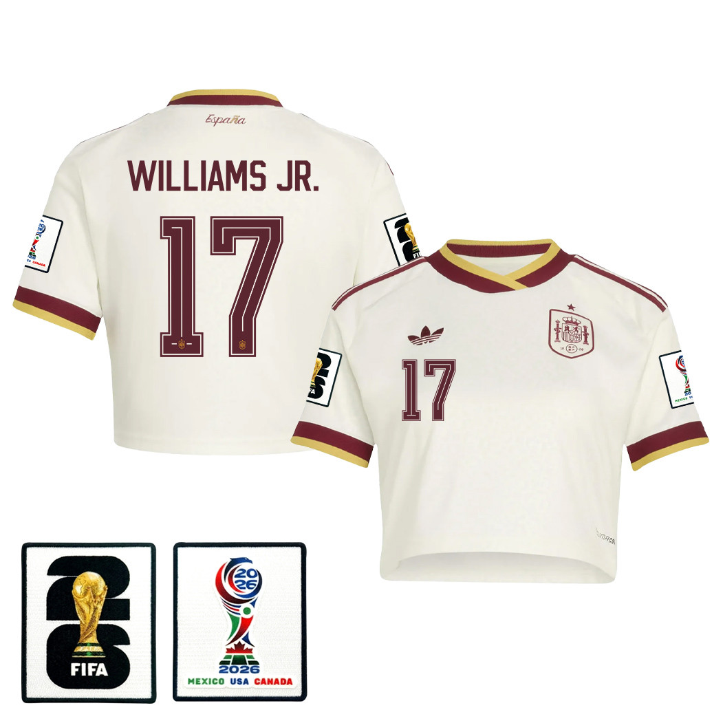 Nico Williams 17 Spain 2026 Away Women’s Cropped Jersey – White – Jersey Teams