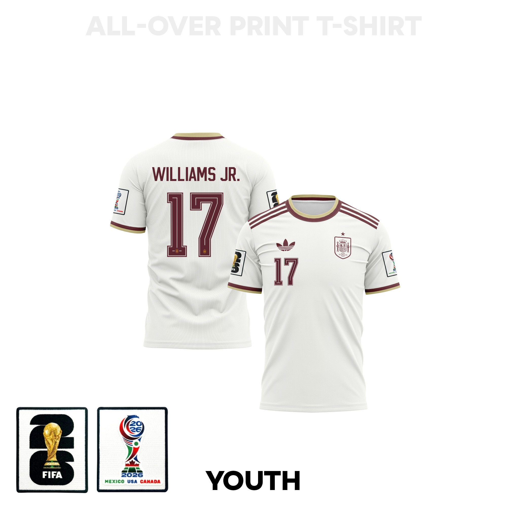 Nico Williams 17 Youth Spain 2026 Away 3D T-shirt Fully Printed – White – Jersey Teams