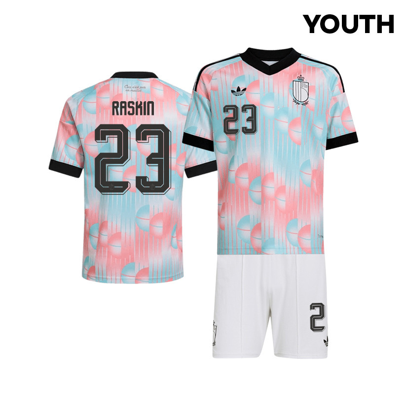 Nicolas Raskin 23 Belgium 2026 YOUTH Away Jersey & Shorts Set - Light Blue - Jersey Teams