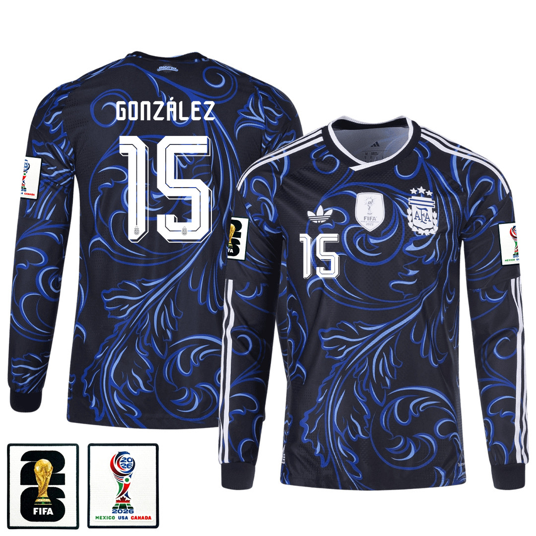 Nicolás González 15 Argentina 2026 Away Long Sleeve Jersey - Black - Jersey Teams