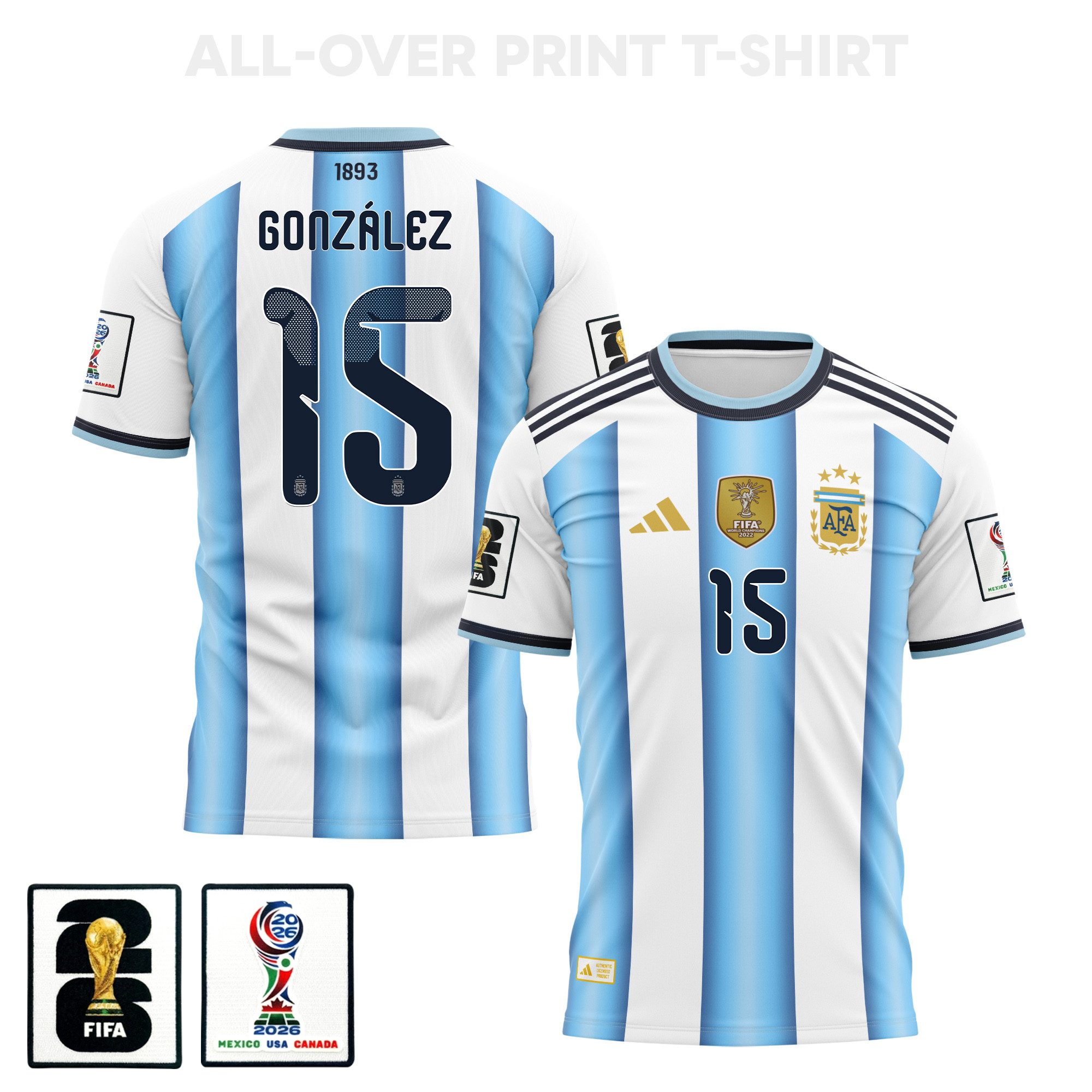 Nicolás González 15 Argentina 2026 Home 3D T-Shirt Fully Printed – Unisex, White - Jersey Teams