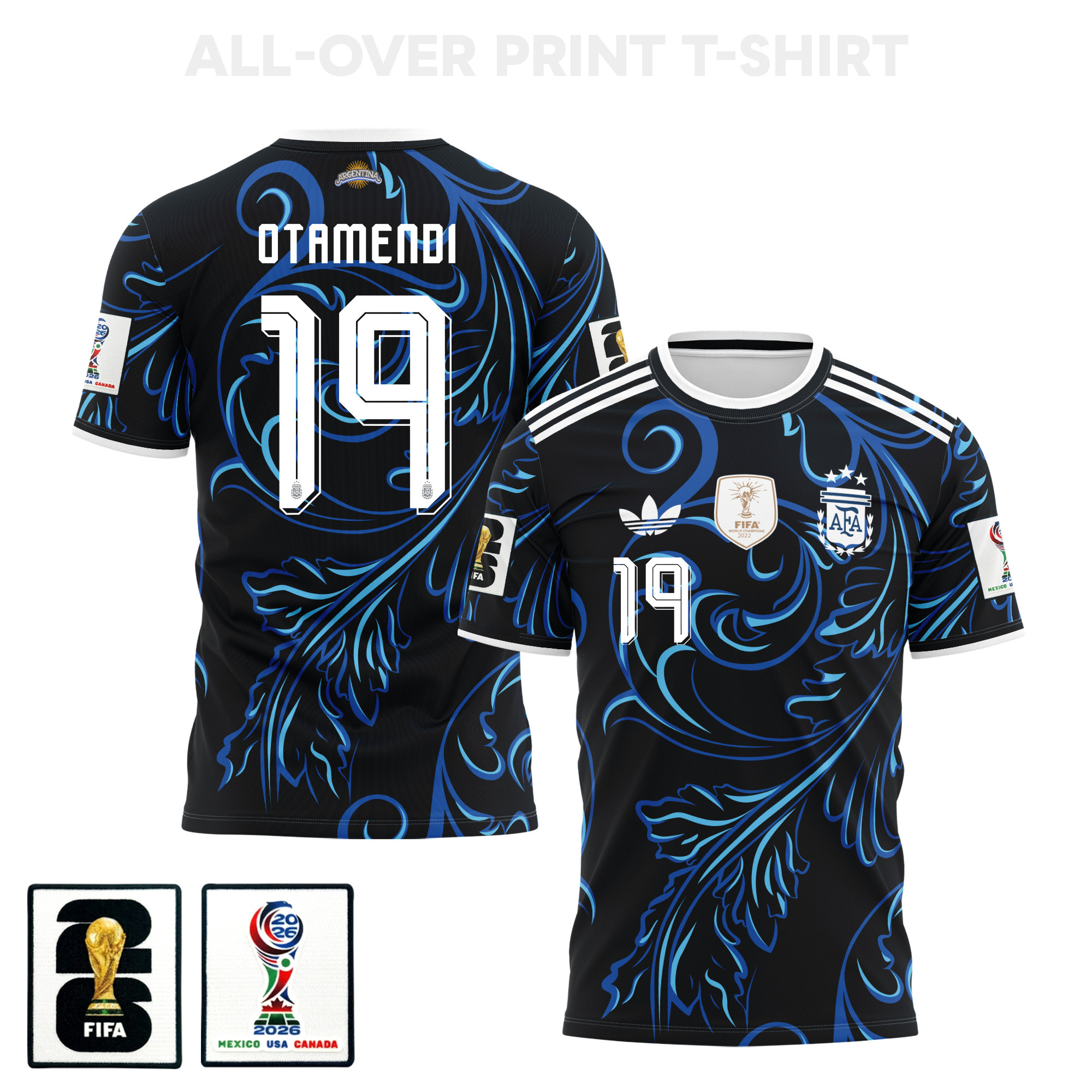Nicolás Otamendi 19 Argentina 2026 Away 3D T-Shirt Fully Printed – Unisex, Black - Jersey Teams