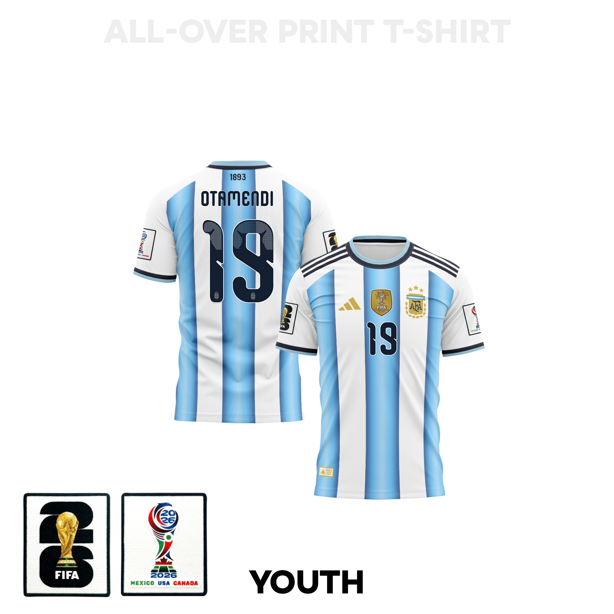 Nicolás Otamendi 19 Youth Argentina 2026 Home 3D T-shirt Fully Printed – White - Jersey Teams