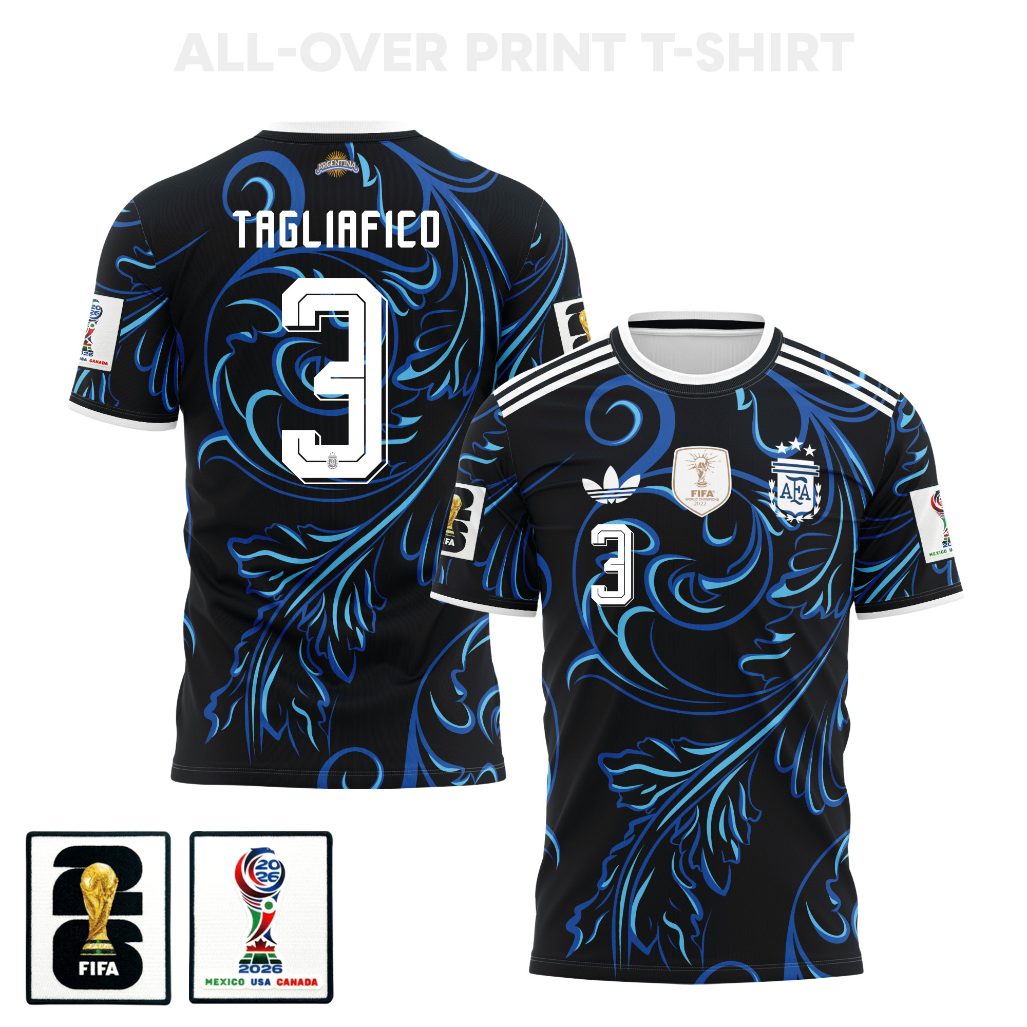 Nicolás Tagliafico 3 Argentina 2026 Away 3D T-Shirt Fully Printed – Unisex, Black - Jersey Teams