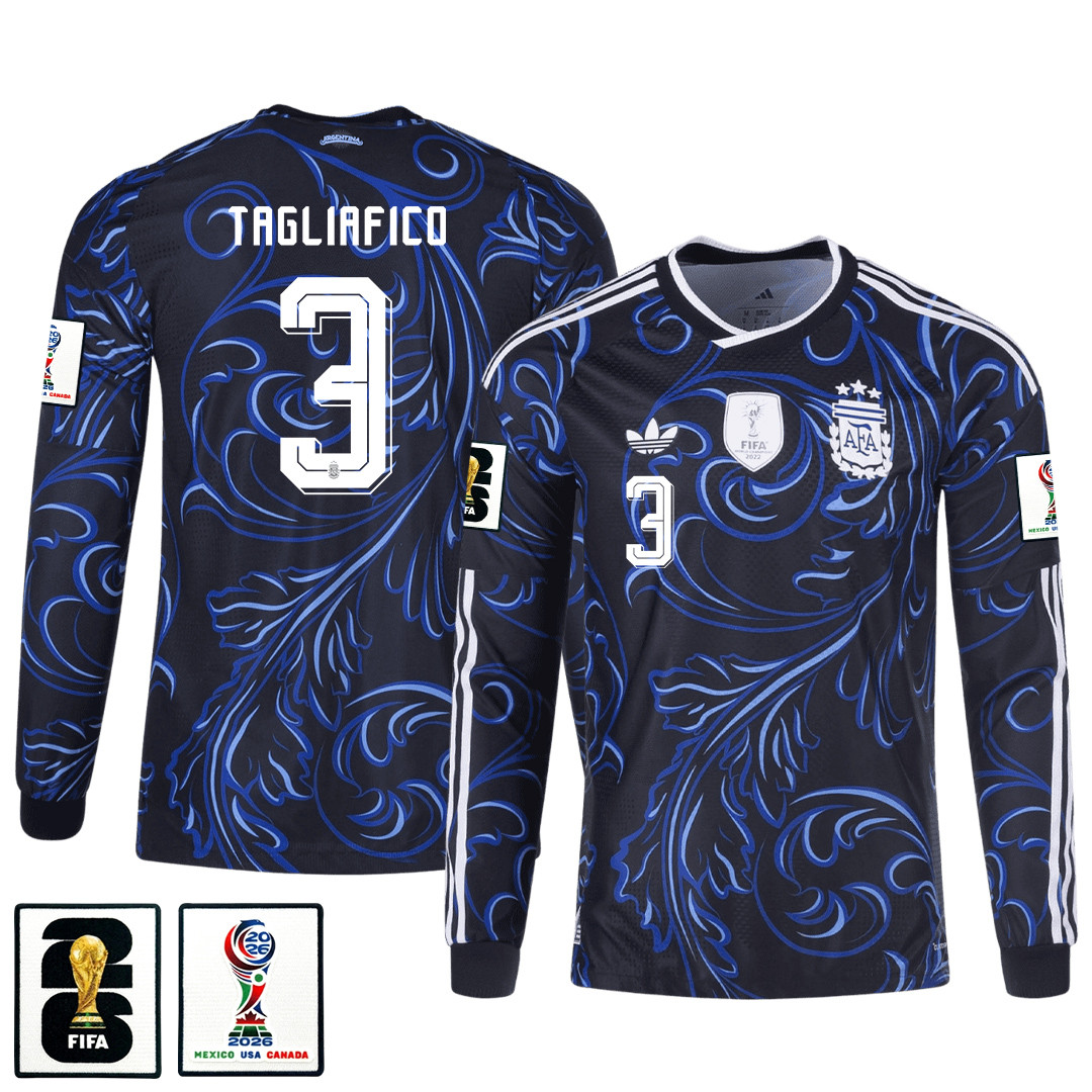Nicolás Tagliafico 3 Argentina 2026 Away Long Sleeve Jersey - Black - Jersey Teams