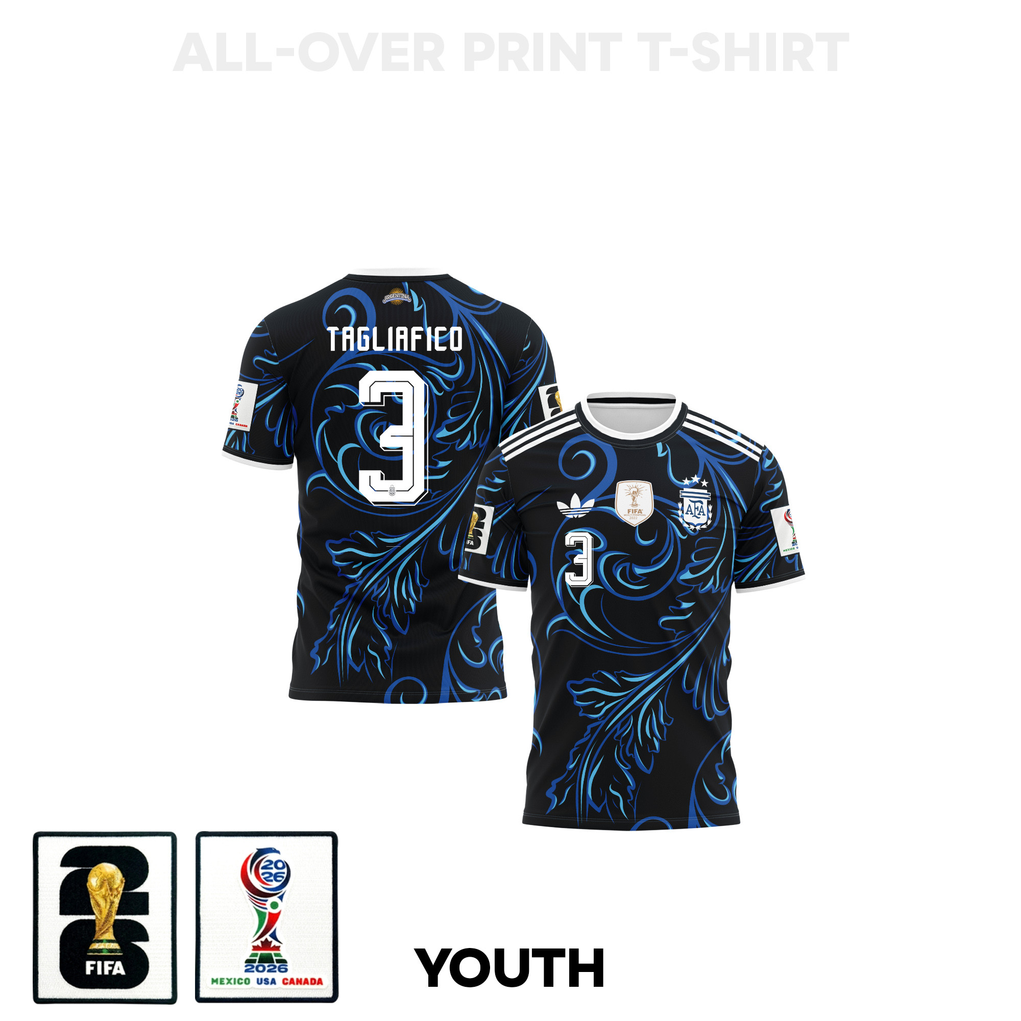 Nicolás Tagliafico 3 Youth Argentina 2026 Away 3D T-shirt Fully Printed – Black - Jersey Teams