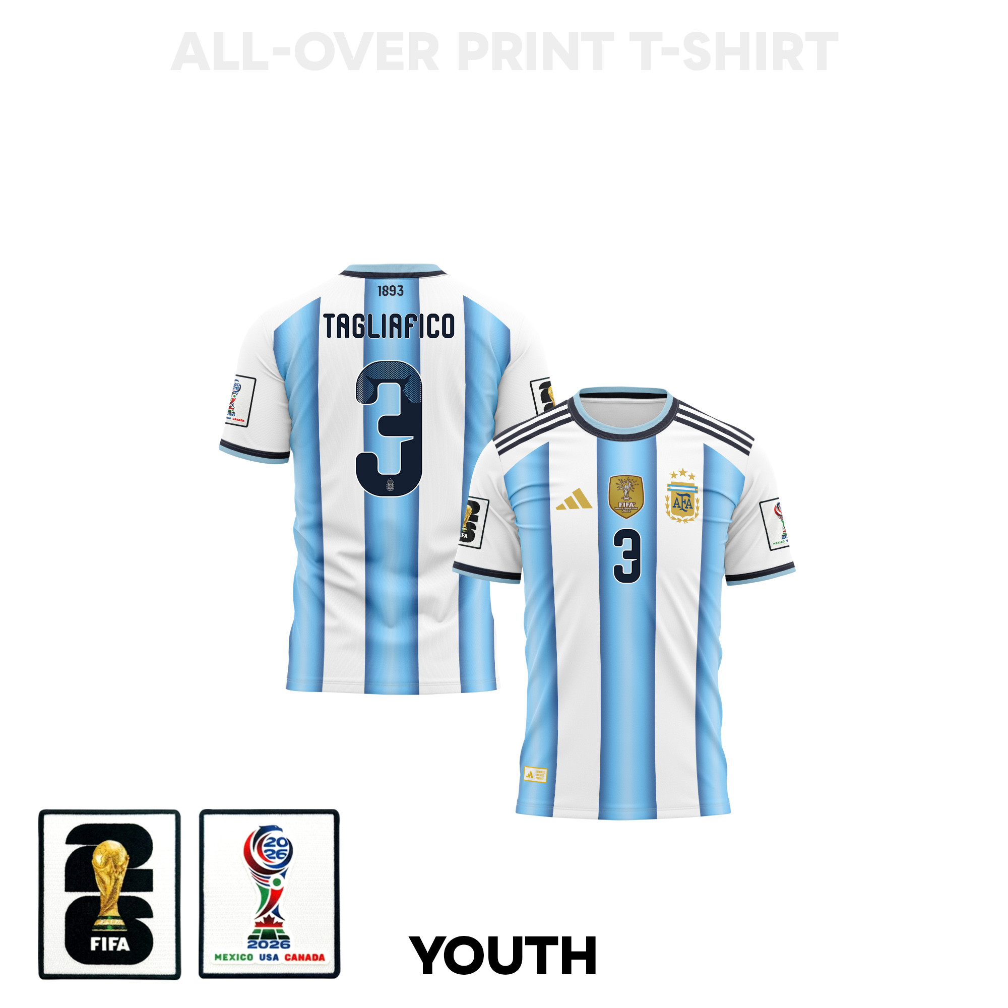 Nicolás Tagliafico 3 Youth Argentina 2026 Home 3D T-shirt Fully Printed – White - Jersey Teams