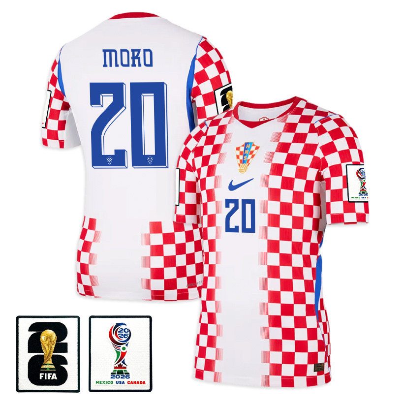 Nikola Moro 20 Croatia National Team 2026 x World Cup Patch Home Jersey - Men, White/ Red - Jersey Teams