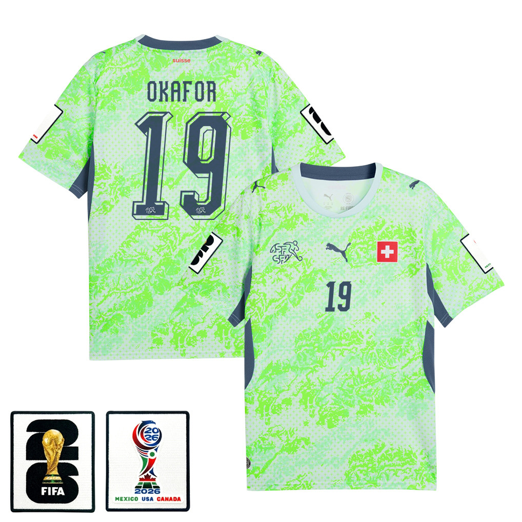 Noah Okafor 19 Switzerland National Team 2026 x World Cup Patch Away Jersey - Men, Green - Jersey Teams