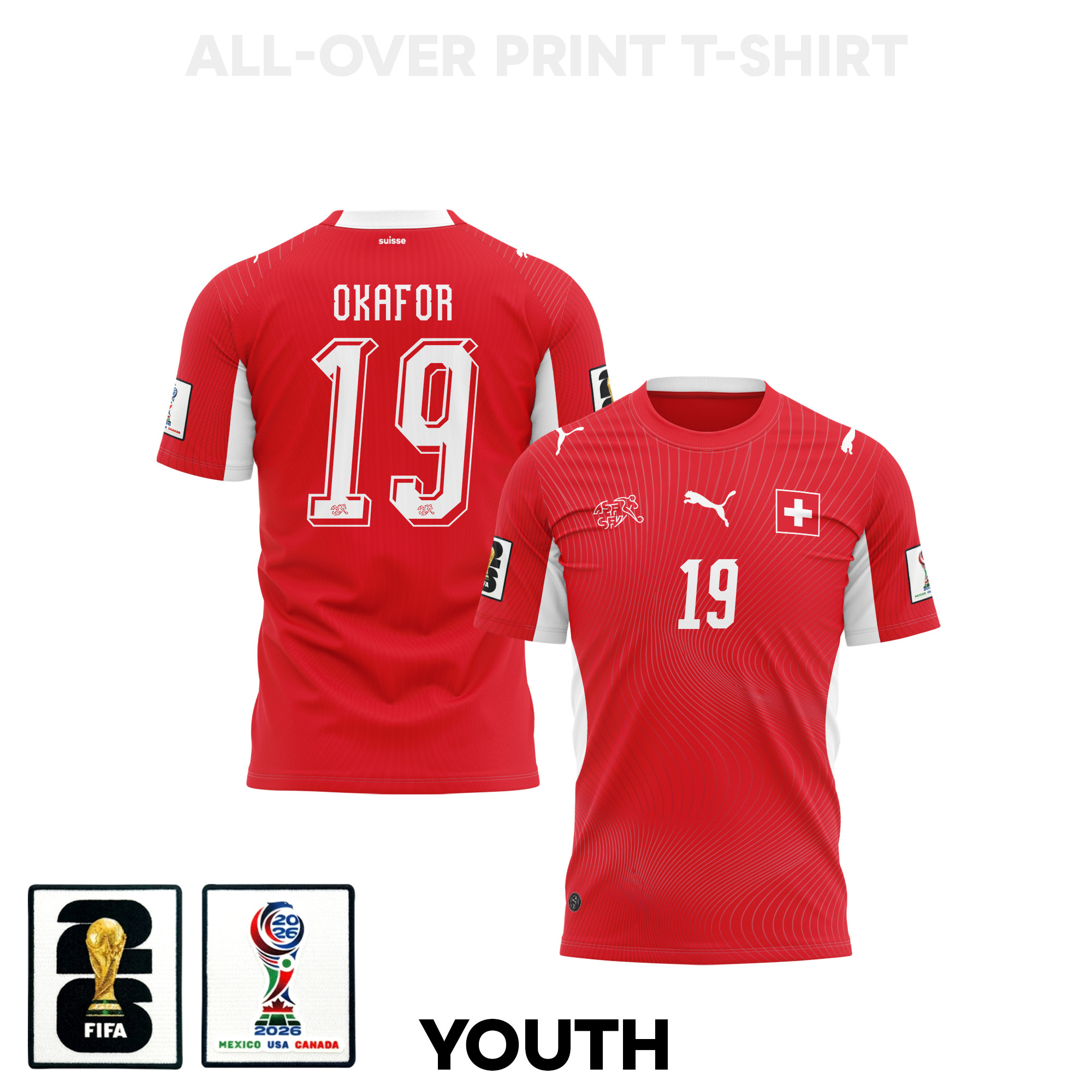 Noah Okafor 19 Youth Switzerland 2026 Home 3D T-shirt Fully Printed – Red – Jersey Teams