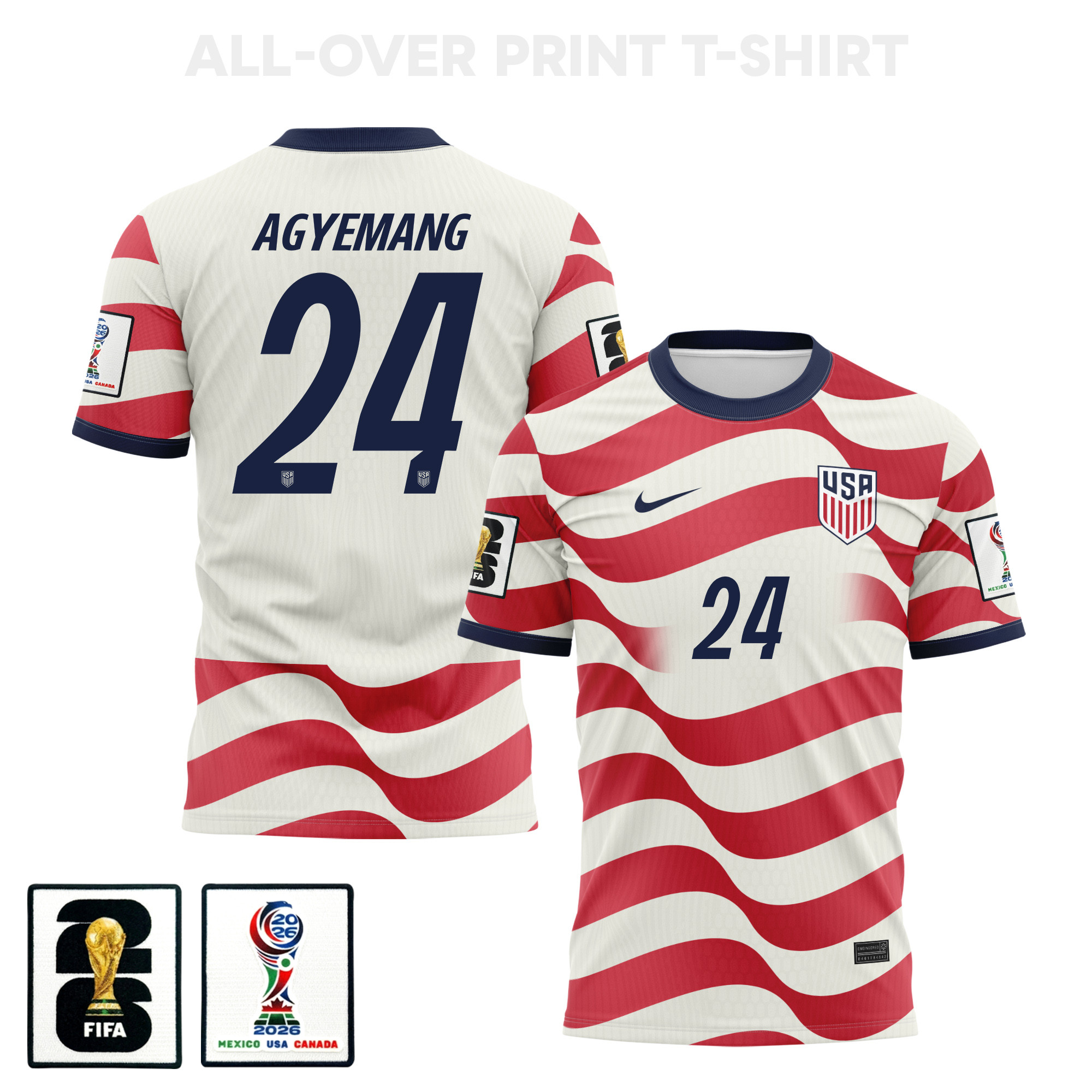 Patrick Agyemang 24 USMNT 2026 Home 3D T-Shirt Fully Printed – Unisex, White/Red - Jersey Teams