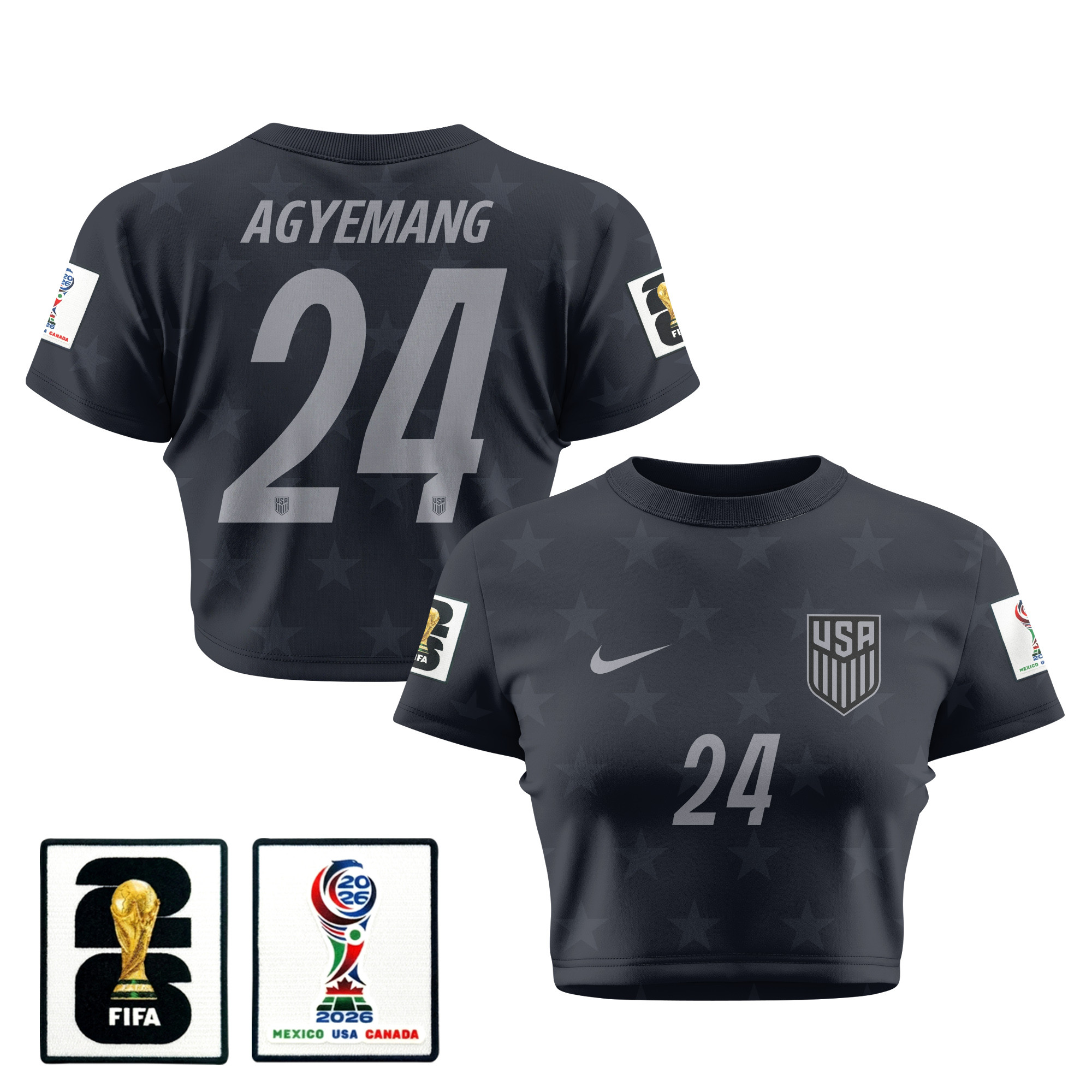 Patrick Agyemang 24 USMNT 2026 Women's Away All-Over Print Cropped Jersey - Black - Jersey Teams