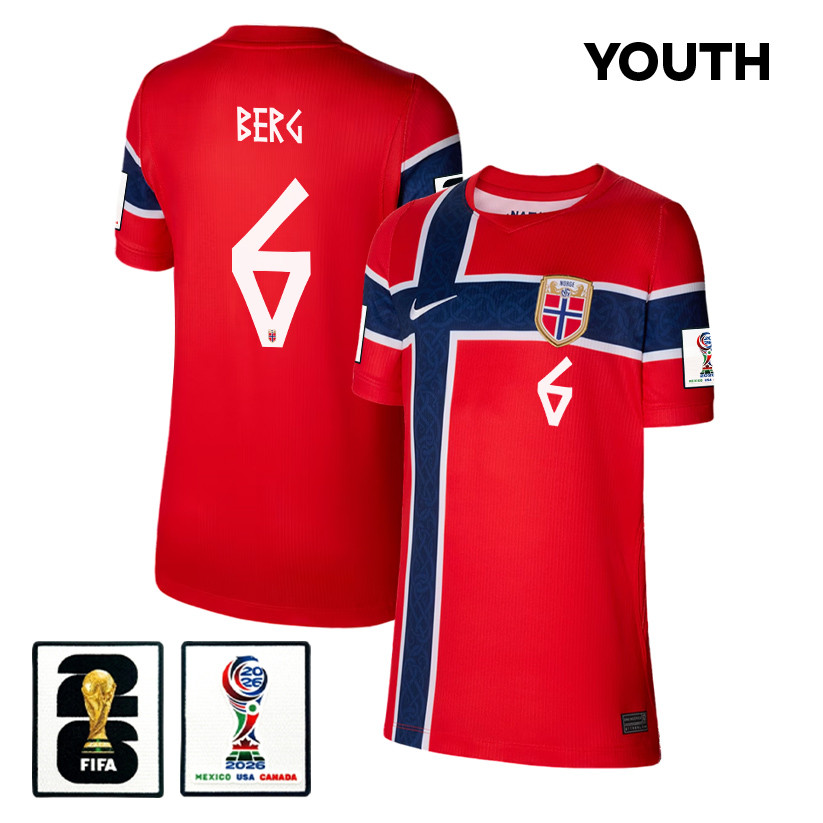 Patrick Berg 6 Youth Norway National Team 2026 Home Jersey - Red - Jersey Teams
