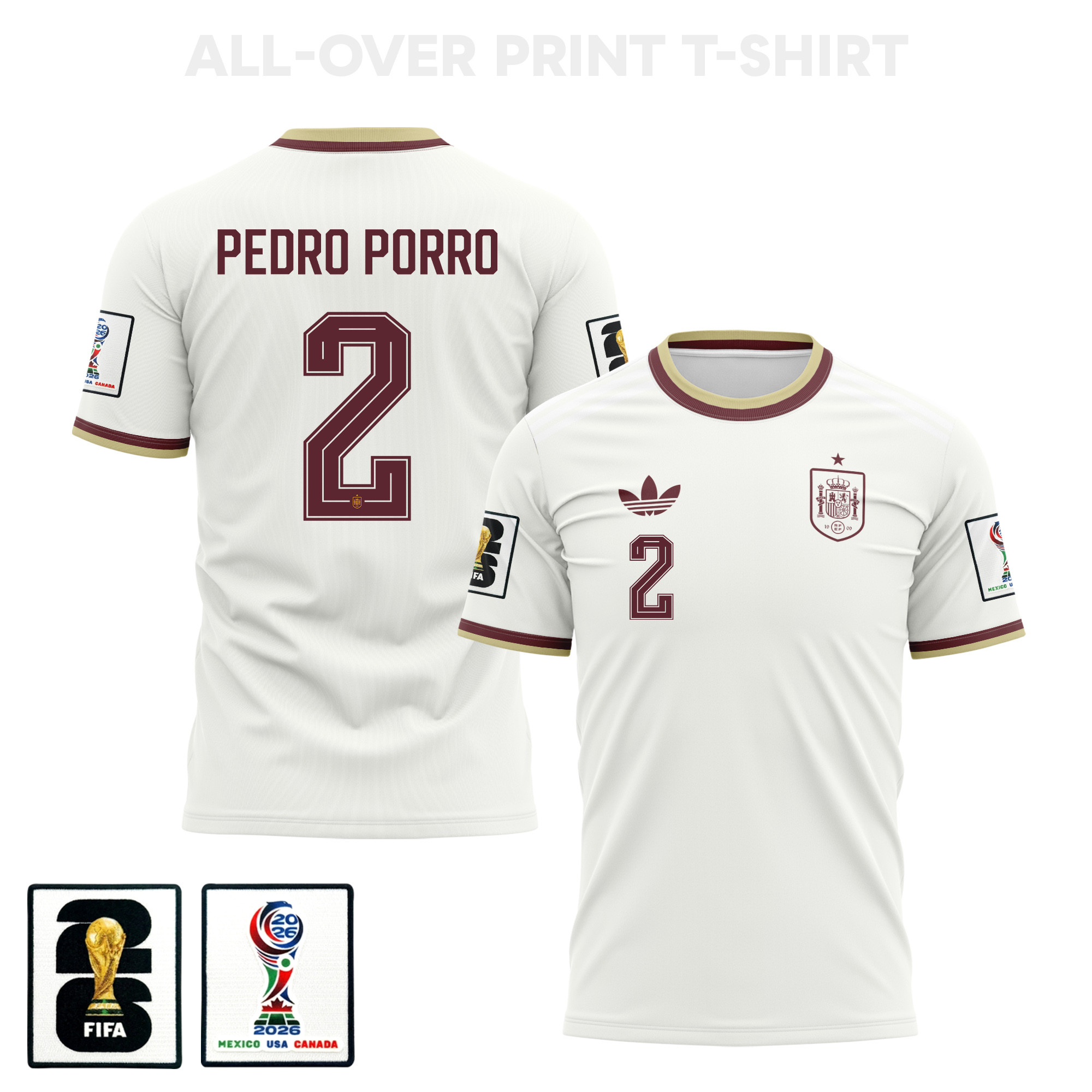 Pedro Porro 2 Spain 2026 Away 3D T-Shirt Fully Printed – Unisex, White – Jersey Teams