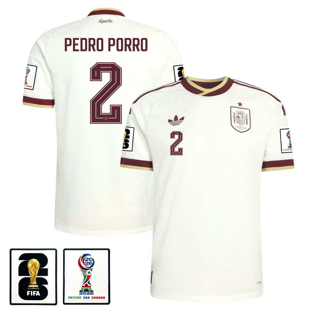 Pedro Porro 2 Spain National Team 2026 x World Cup Patch Away Jersey - White, Men - Jersey Teams