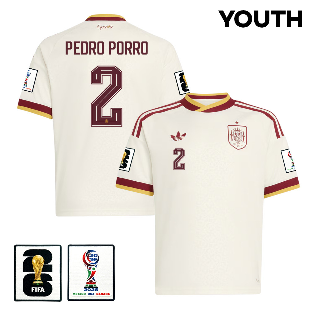 Pedro Porro 2 Spain National Team 2026 Youth Away Jersey – White – Jersey Teams